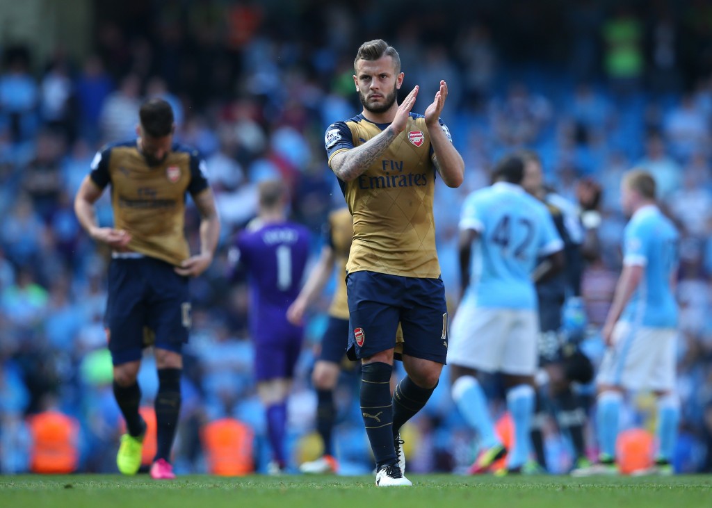 MANCHESTER, ENGLAND - MAY 08: Jack Wilshere of Arsenal applauds the travelling fans following the 2-2 draw during the Barclays Premier League match between Manchester City and Arsenal at the Etihad Stadium on May 8, 2016 in Manchester, England. (Photo by Alex Livesey/Getty Images)