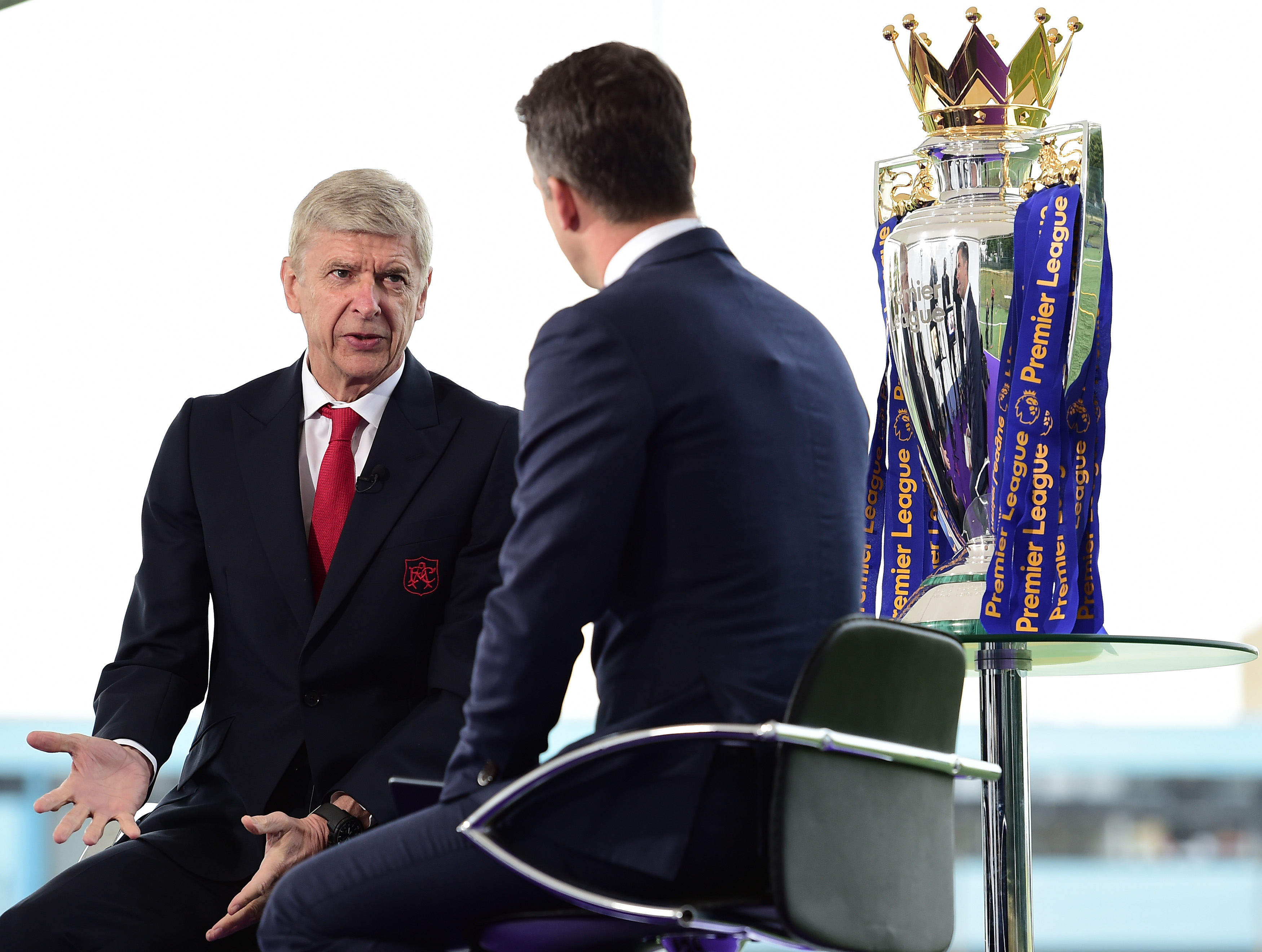 ISLINGTON, ENGLAND - AUGUST 10: Arsene Wenger, manager of Arsenal is interviewed by Sky Sports during the Official Premier League Season Launch Media Event held at Market Road pitches on August 10, 2016 in Islington, England. (Photo by Alex Broadway/Getty Images)