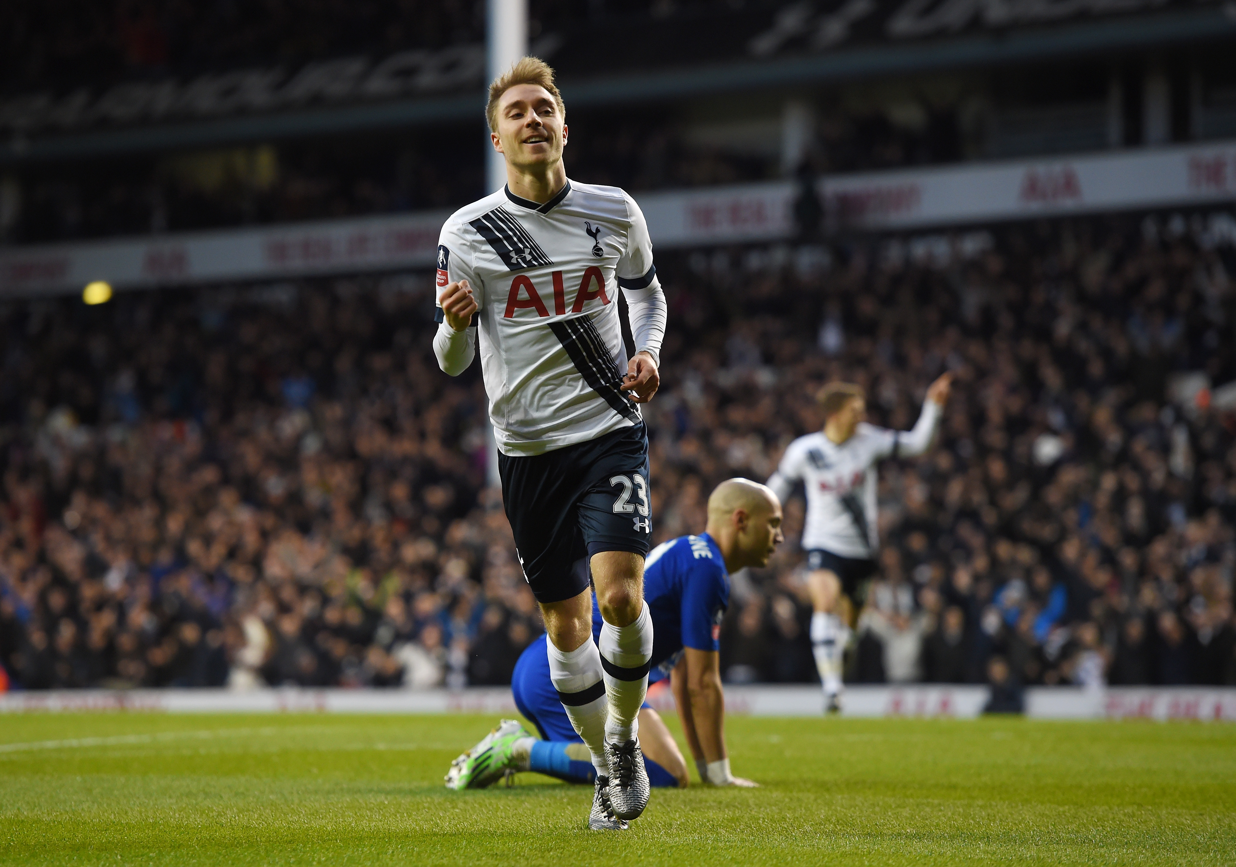 LONDON, ENGLAND - JANUARY 10: Christian Eriksen of Spurs celebrates after scoring the opening goal during The Emirates FA Cup third round match between Tottenham Hotspur and Leicester City at White Hart Lane on January 10, 2016 in London, England. (Photo by Michael Regan/Getty Images)
