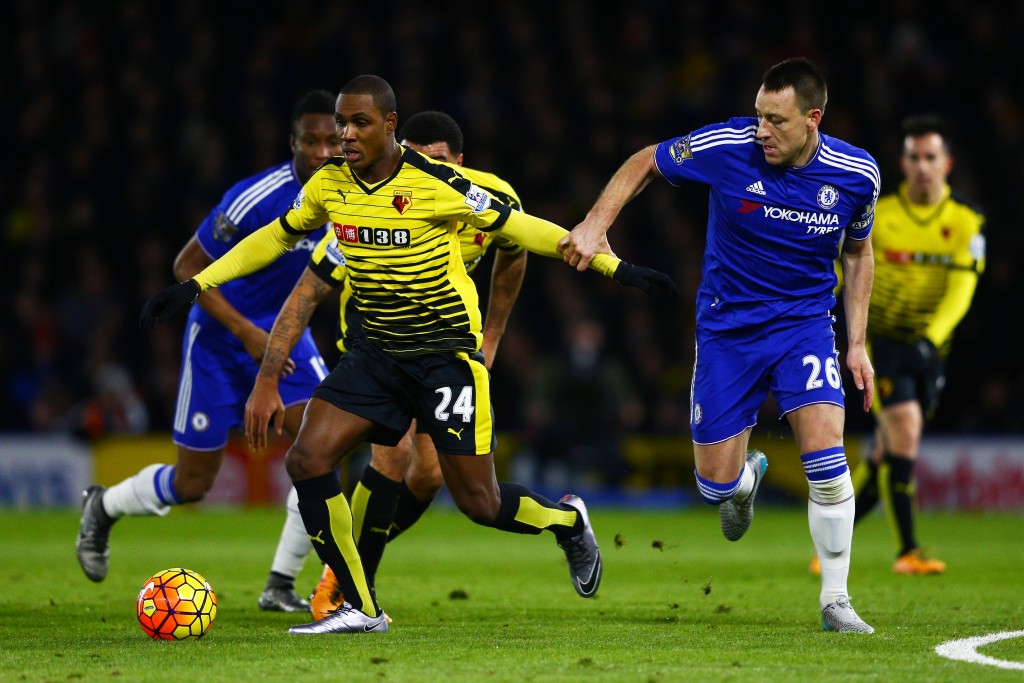 WATFORD, ENGLAND - FEBRUARY 03: Odion Ighalo of Watford goes past John Terry of Chelsea during the Barclays Premier League match between Watford and Chelsea at Vicarage Road on February 3, 2016 in Watford, England. (Photo by Clive Mason/Getty Images)