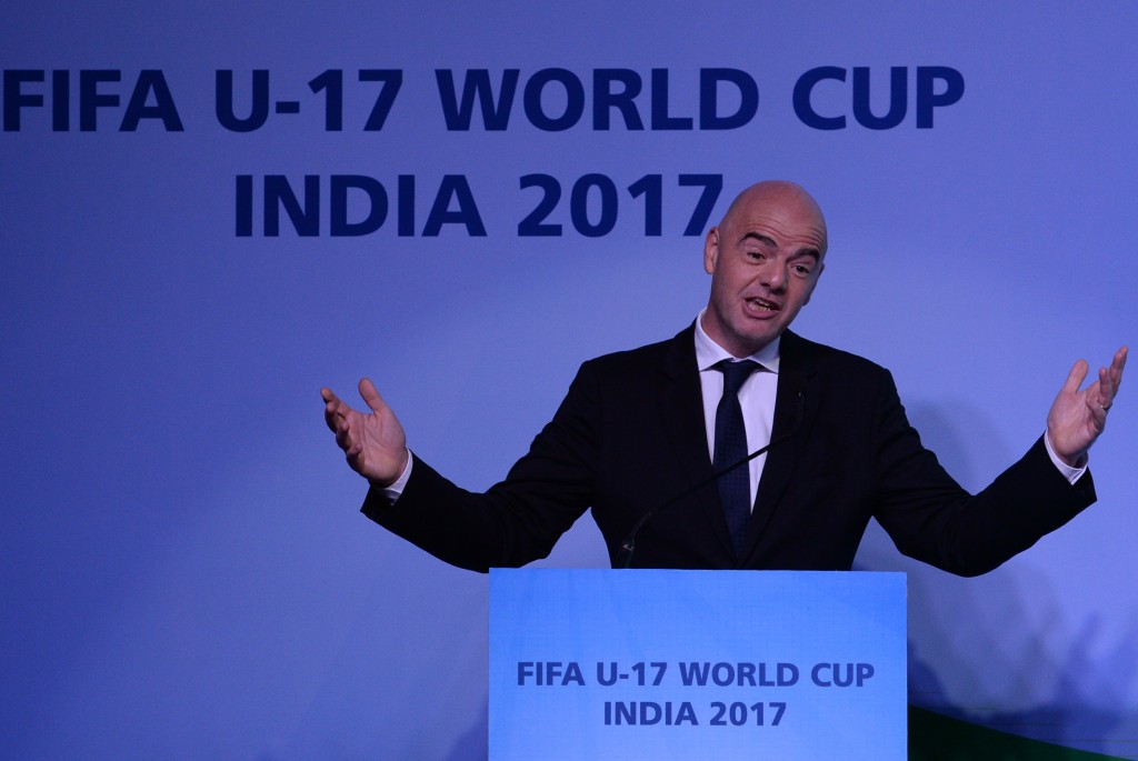 FIFA President Gianni Infantino speaks at an event to unveil the logo for the FIFA U-17 World Cup India 2017 in Panjim on September 27, 2016. Infantino, who was in Goa to attend the Asian Football Confederation (AFC) Extraordinary Congress, also unveiled the logo for the FIFA U-17 World Cup India 2017. / AFP / INDRANIL MUKHERJEE (Photo credit should read INDRANIL MUKHERJEE/AFP/Getty Images)