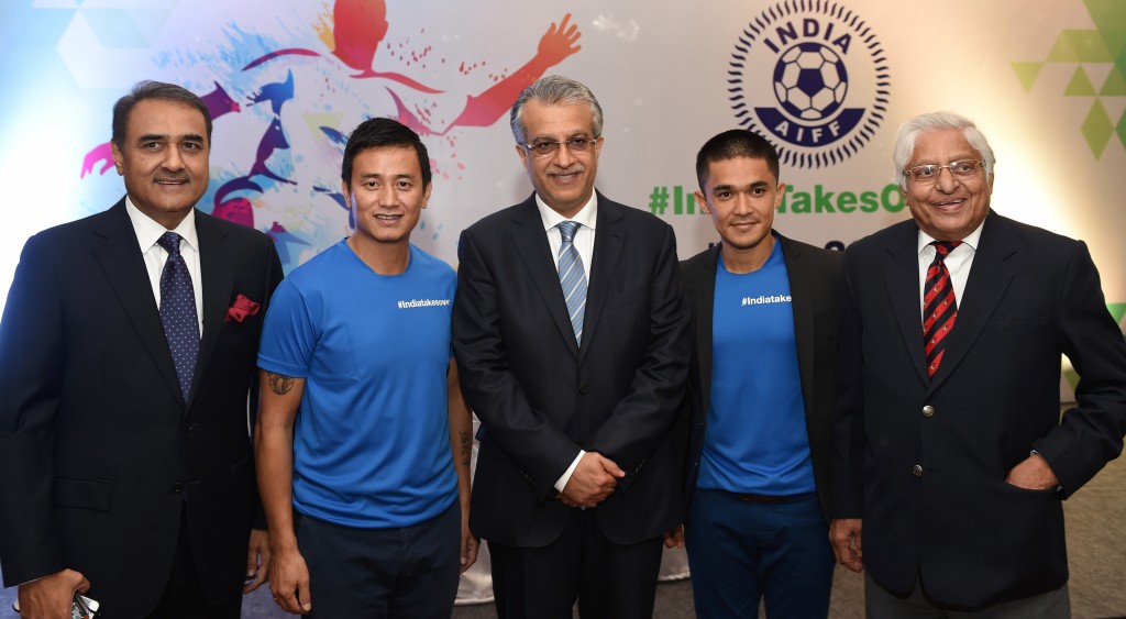 President of the All India Football Federation Praful Patel (L), former national team captain Baichung Bhutia (2L), the President of the Asian Football Confederation Shaikh Salman (C), Indian football team captain Sunil Chhetri (2R) and and former national team captain Chunni Goswami take part in the launch of the FIFA Under-17 World Cup in New Delhi on November 28, 2015. AFP PHOTO / SAJJAD HUSSAIN / AFP / SAJJAD HUSSAIN (Photo credit should read SAJJAD HUSSAIN/AFP/Getty Images)