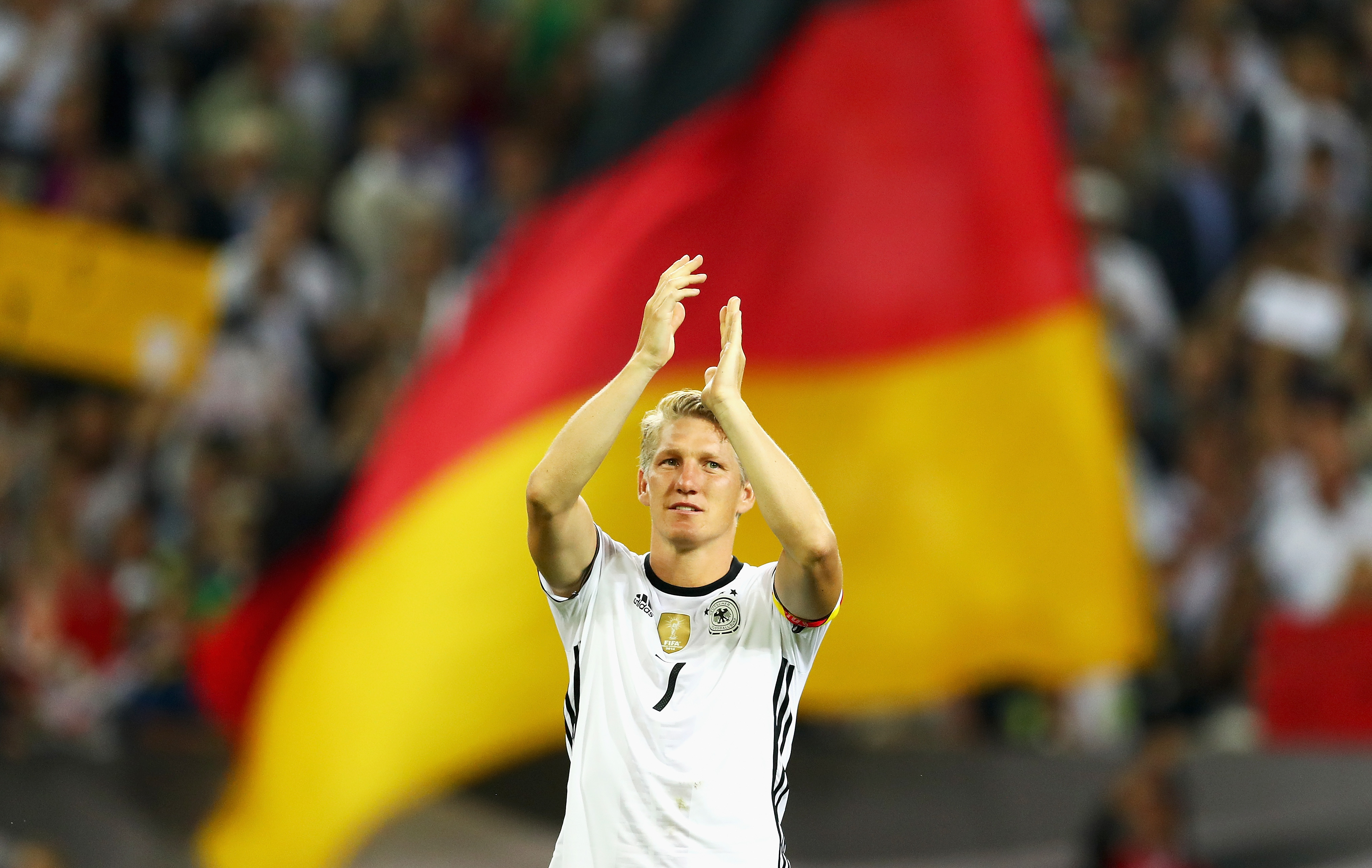 MOENCHENGLADBACH, GERMANY - AUGUST 31: Bastian Schweinsteiger of Germany acknowledges the crowd after his last international match during the International Friendly match between Germany and Finland at Borussia-Park on August 31, 2016 in Moenchengladbach, Germany. (Photo by Lars Baron/Bongarts/Getty Images)