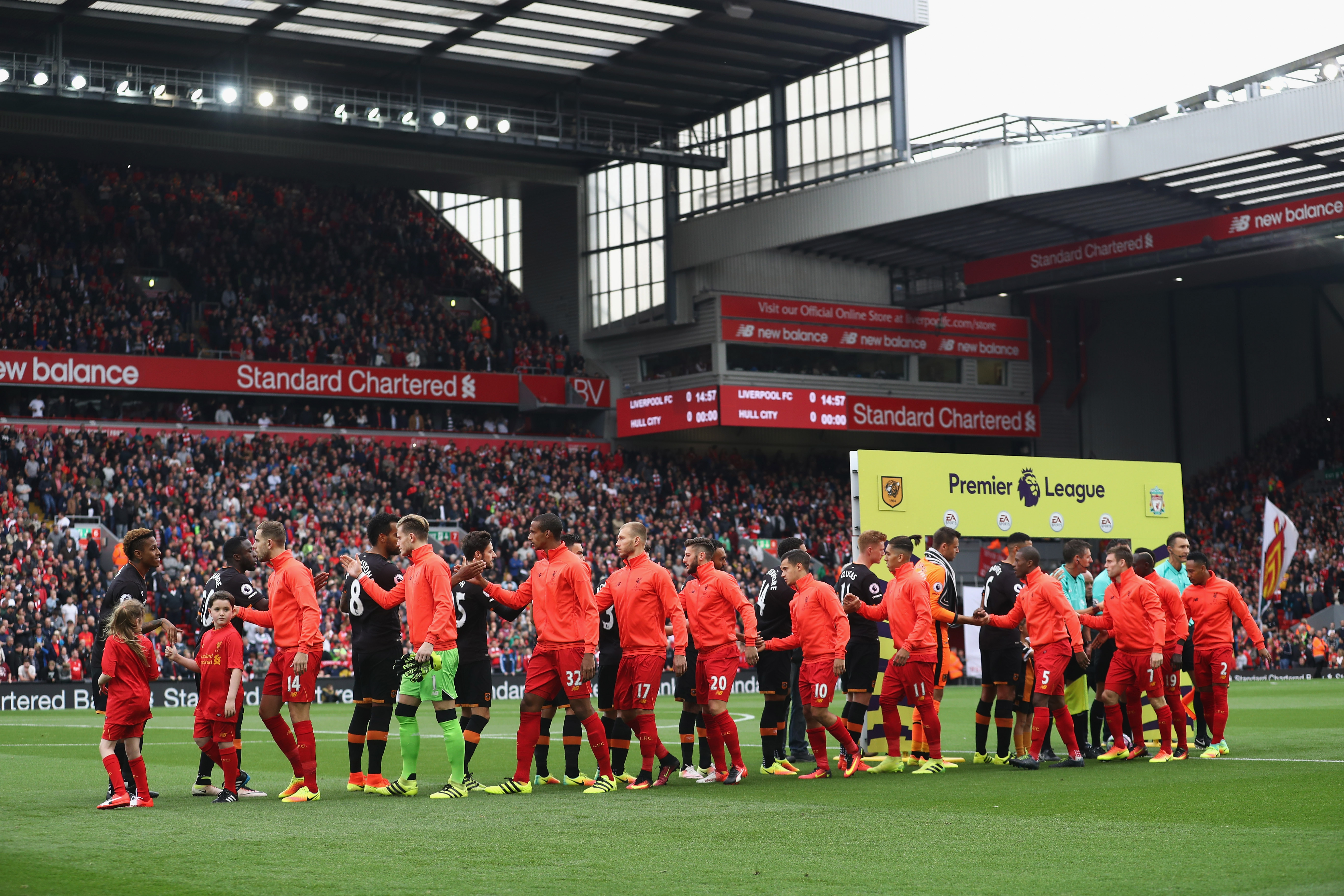 LIVERPOOL, ENGLAND - SEPTEMBER 24: Players shake hands pror to the Premier League match between Liverpool and Hull City at Anfield on September 24, 2016 in Liverpool, England. (Photo by Julian Finney/Getty Images)