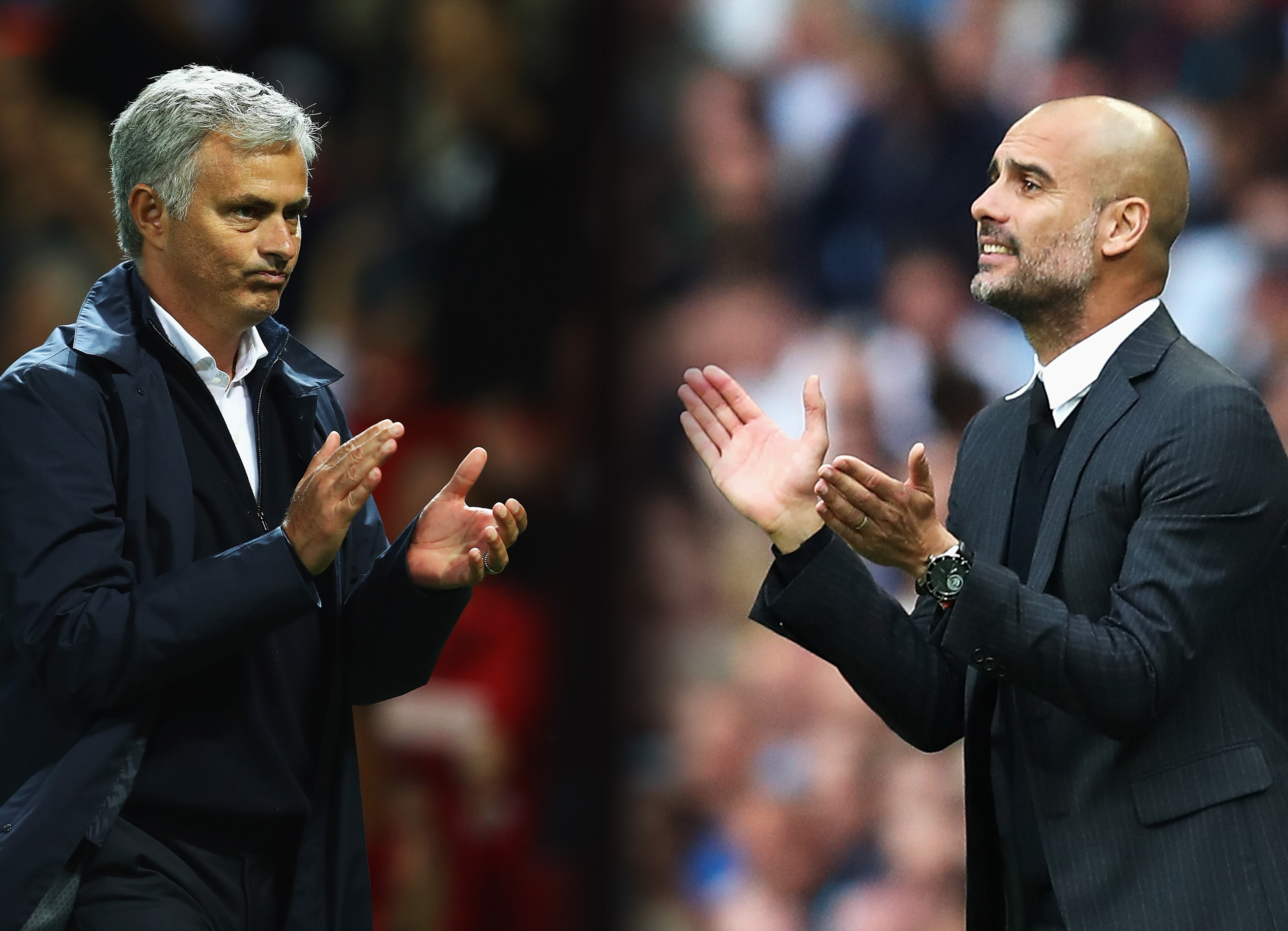 FILE PHOTO - (EDITORS NOTE: COMPOSITE OF TWO IMAGES - Image numbers (L) 592215668 and 596883044) In this composite image a comparision has been made between Manchester United manager Jose Mourinho (L) and Josep Guardiola, Manager of Manchester City.  Josep Guardiola brings his Manchester City team to Old Trafford to face Jose Mourinho's Manchester United in their first Manchester derby in the Premier League on September 10, 2016.   ***LEFT IMAGE*** MANCHESTER, ENGLAND - AUGUST 19: Jose Mourinho, Manager of Manchester United celebrates after the Premier League match between Manchester United and Southampton at Old Trafford on August 19, 2016 in Manchester, England. (Photo by Michael Steele/Getty Images) ***RIGHT IMAGE*** MANCHESTER, ENGLAND - AUGUST 28: Josep Guardiola, Manager of Manchester City encourages his players during the Premier League match between Manchester City and West Ham United at Etihad Stadium on August 28, 2016 in Manchester, England. (Photo by Chris Brunskill/Getty Images)
