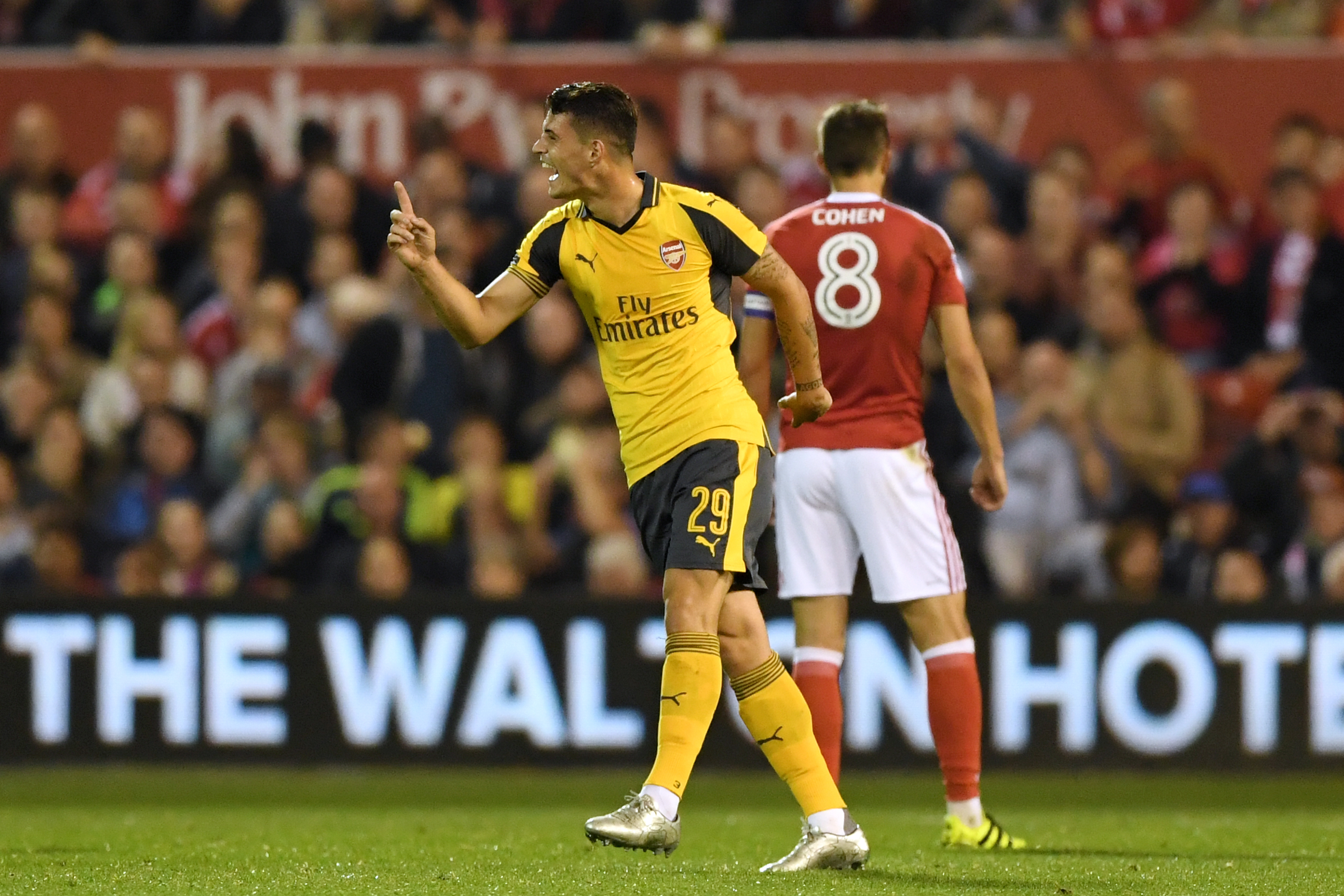NOTTINGHAM, ENGLAND - SEPTEMBER 20: Granit Xhaka of Arsenal celebrates scoring the opening goal during the EFL Cup Third Round match between Nottingham Forest and Arsenal at City Ground on September 20, 2016 in Nottingham, England. (Photo by Shaun Botterill/Getty Images)