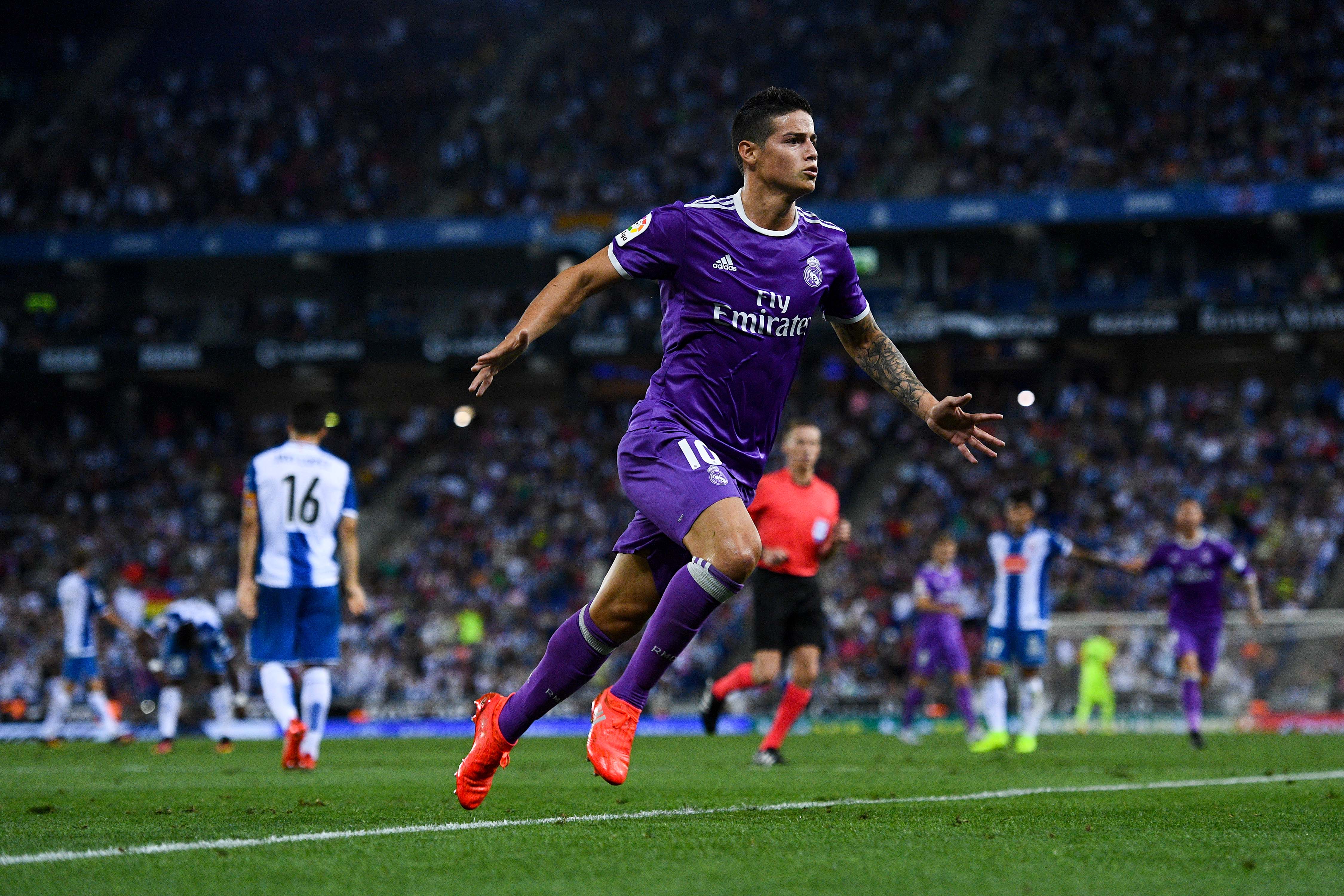 BARCELONA, SPAIN - SEPTEMBER 18: James Rodriguez of Real Madrid CF celebrates after scoring his team's first goal during the La Liga match between RCD Espanyol and Real Madrid CF at the RCDE stadium on September 18, 2016 in Barcelona, Spain. (Photo by David Ramos/Getty Images)