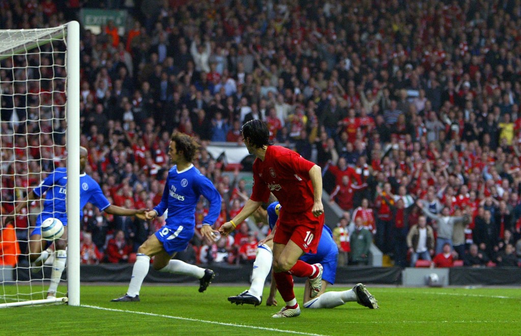 LIVERPOOL, United Kingdom: Sequence 6 of 7 - Liverpool's Luis Garcia (R) watches his shot head for goal as Chelsea's William Gallas (L) tries to clear the ball as John Terry (C back) and Ricardo Carvalho (2nd L) look on during the Champions League semi-final second leg football match at Anfield in Liverpool 02 May 2005. The ball was cleared from the goalline by Gallas but the ball was judged to have crossed the line for the only goal of the game. Liverpool won 1-0 to advance to the final. AFP PHOTO ADRIAN DENNIS (Photo credit should read ADRIAN DENNIS/AFP/Getty Images)