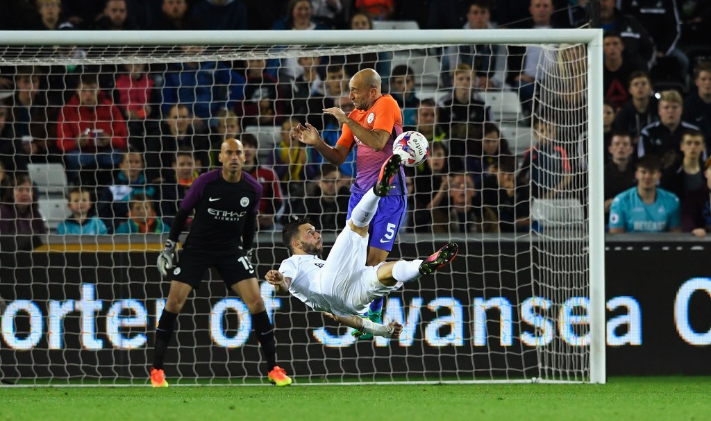 SWANSEA, WALES - SEPTEMBER 21: Borja Gonzalez of Swansea City shoots wide during the EFL Cup Third Round match between Swansea City and Manchester City at the Liberty Stadium on September 21, 2016 in Swansea, Wales. (Photo by Stu Forster/Getty Images)
