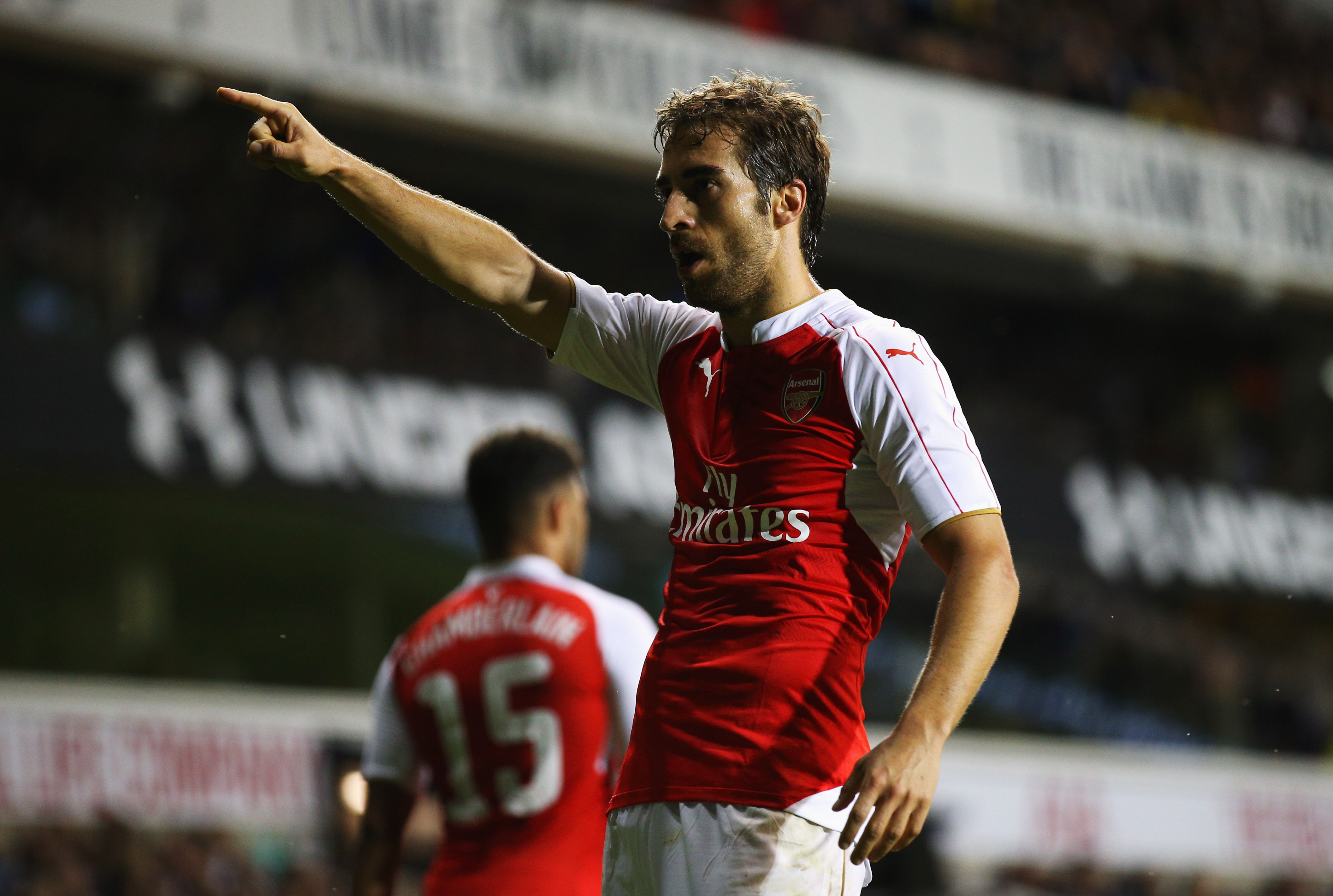LONDON, ENGLAND - SEPTEMBER 23: Mathieu Flamini of Arsenal celebrates as he scores their second goal during the Capital One Cup third round match between Tottenham Hotspur and Arsenal at White Hart Lane on September 23, 2015 in London, England. (Photo by Ian Walton/Getty Images)