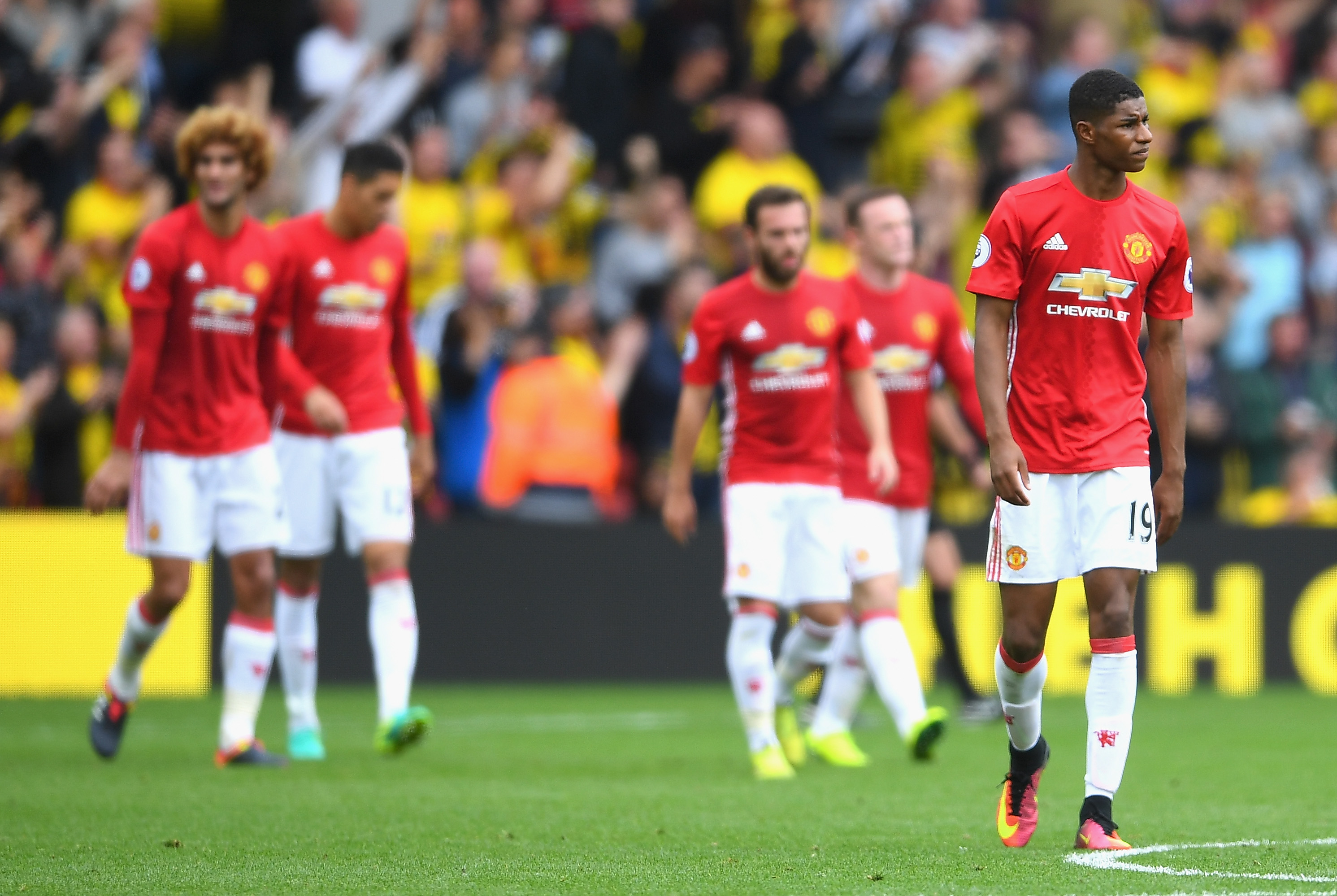 WATFORD, ENGLAND - SEPTEMBER 18: Marcus Rashford of Manchester United reacts after the final whistle during the Premier League match between Watford and Manchester United at Vicarage Road on September 18, 2016 in Watford, England. (Photo by Laurence Griffiths/Getty Images)