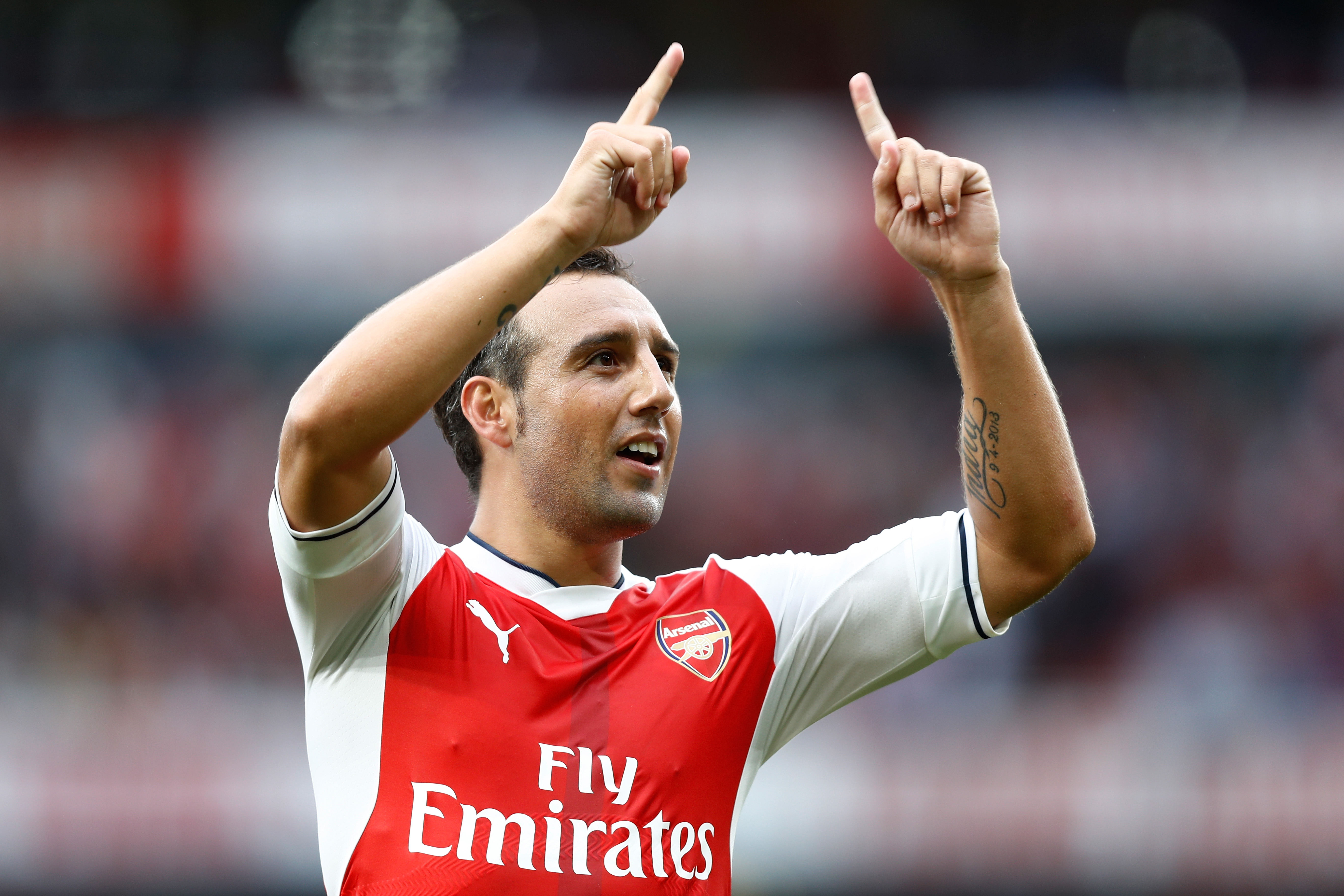 LONDON, ENGLAND - SEPTEMBER 10: Santi Cazorla of Arsenal celebrates scoring his sides second goal during the Premier League match between Arsenal and Southampton at Emirates Stadium on September 10, 2016 in London, England. (Photo by Clive Rose/Getty Images)