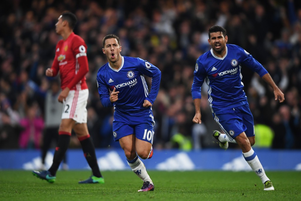 LONDON, ENGLAND - OCTOBER 23: Eden Hazard of Chelsea celebrates scoring his sides third goal with Diego Costa of Chelsea during the Premier League match between Chelsea and Manchester United at Stamford Bridge on October 23, 2016 in London, England. (Photo by Mike Hewitt/Getty Images)
