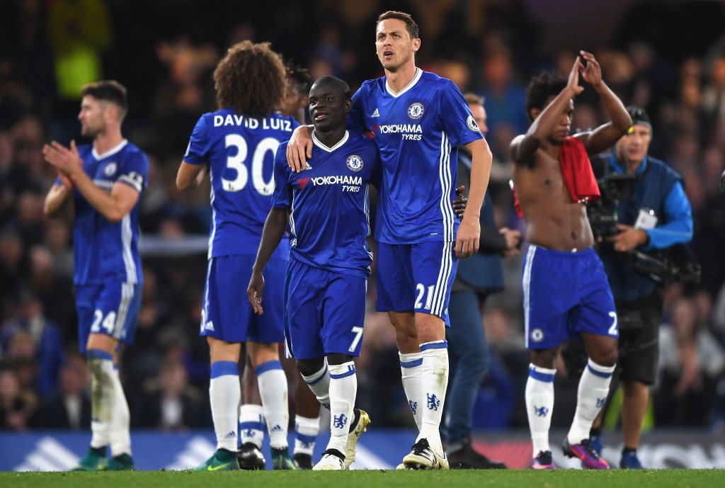 LONDON, ENGLAND - OCTOBER 23: N'Golo Kante of Chelsea and Nemanja Matic of Chelsea react after the full time whistle during the Premier League match between Chelsea and Manchester United at Stamford Bridge on October 23, 2016 in London, England. (Photo by Shaun Botterill/Getty Images)