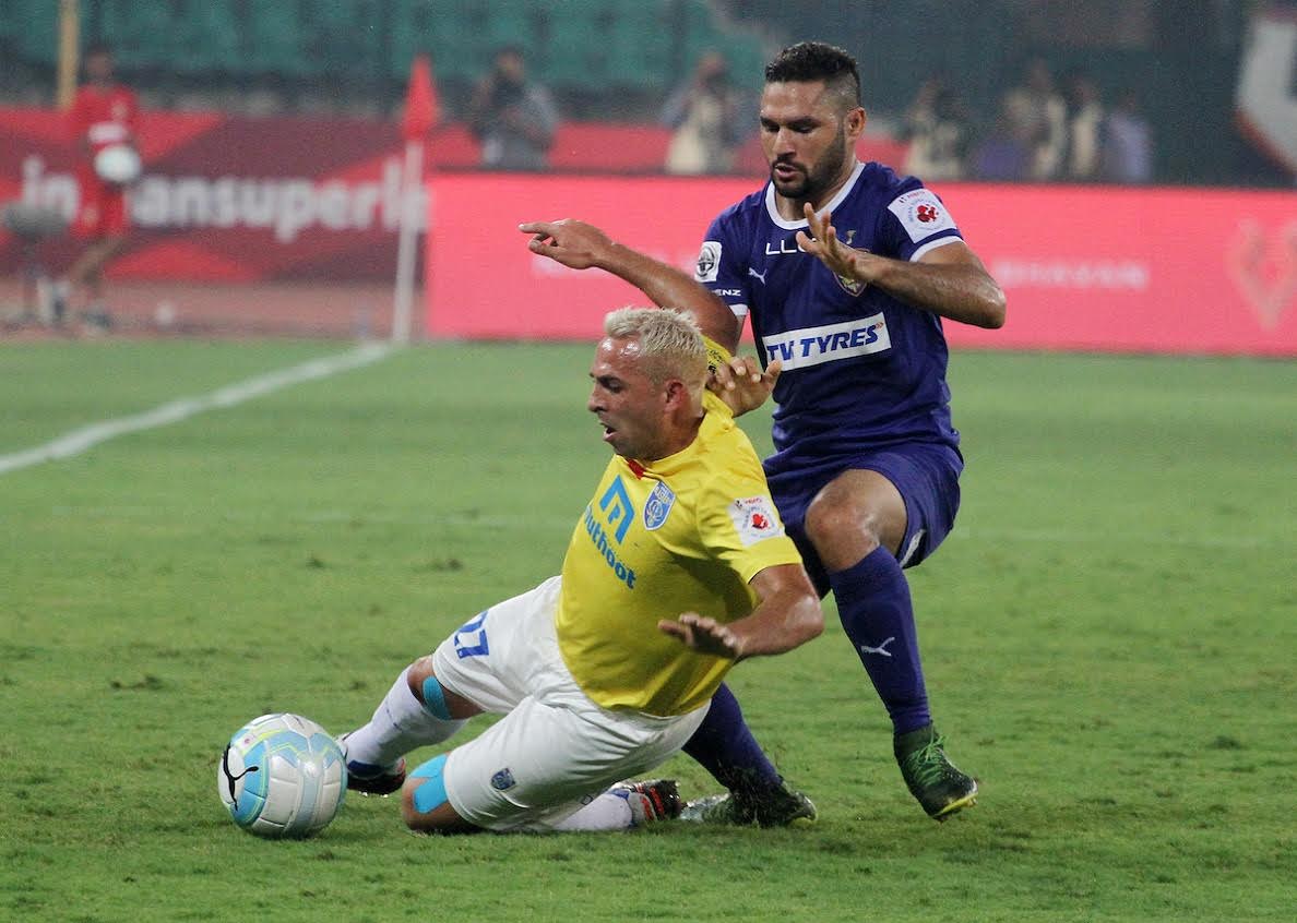 Michael Chopra of Kerala Blasters FC and Baljit Sahni of Chennaiyin FC in action during match 26 of the Indian Super League (ISL) season 3 between Chennaiyin FC and Kerala Blasters FC held at the Jawaharlal Nehru Stadium in Chennai, India on the 29th October 2016. Photo by Vipin Pawar / ISL / SPORTZPICS