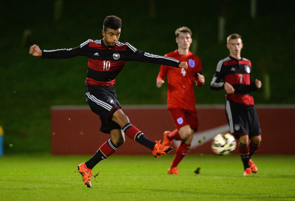 BURTON-UPON-TRENT, ENGLAND - NOVEMBER 18: Timothy Tillman of Germany shoots at goal during the U17s International Friendly match between England U17 and Germany U17 at St Georges Park on November 18, 2015 in Burton-upon-Trent, England. (Photo by Tony Marshall/Getty Images)