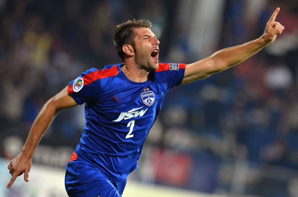 Bengaluru's Juan Antonio celebrates after scoring during the 2016 Asian Football Confederation (AFC) Cup semi-final second leg football match between Bengaluru FC and Johor Darul Ta'zim at the Shree Kanteerava stadium in Bangalore, on October 19, 2016. / AFP / MANJUNATH KIRAN (Photo credit should read MANJUNATH KIRAN/AFP/Getty Images)