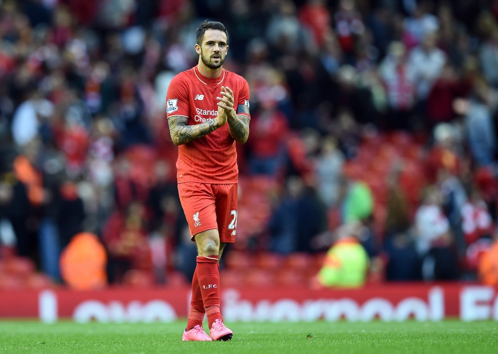 Liverpool's English striker Danny Ings applauds supporters after the English Premier League football match between Liverpool and Norwich City at the Anfield stadium in Liverpool, north-west England on September 20, 2015. AFP PHOTO / PAUL ELLIS RESTRICTED TO EDITORIAL USE. No use with unauthorized audio, video, data, fixture lists, club/league logos or 'live' services. Online in-match use limited to 75 images, no video emulation. No use in betting, games or single club/league/player publications. (Photo credit should read PAUL ELLIS/AFP/Getty Images)