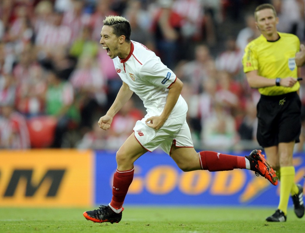 Sevilla's French forward Samir Nasri celebrates a goal during the Spanish league football match Athletic Club Bilbao vs Sevilla FC at the San Mames stadium in Bilbao on September 24, 2016. / AFP / JOSU ARITZA (Photo credit should read JOSU ARITZA/AFP/Getty Images)