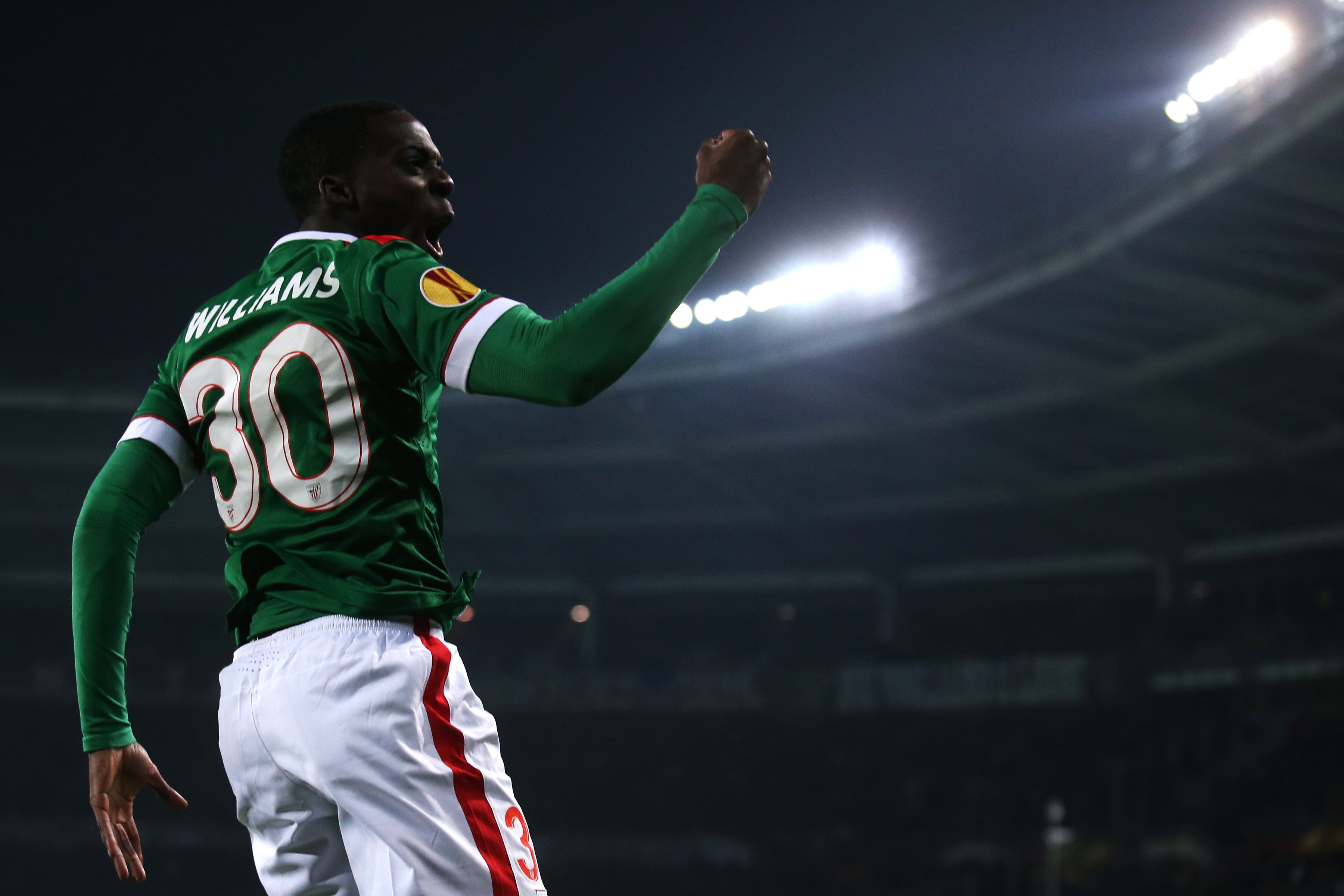 Athletic Bilbao's Spanish forward Inaki Williams celebrates after scoring during the UEFA Europe League round of 32 football match Torino Vs Athletic Bilbao on February 19, 2015 at the "Olympic Stadium" in Turin. AFP PHOTO / MARCO BERTORELLO (Photo credit should read MARCO BERTORELLO/AFP/Getty Images)