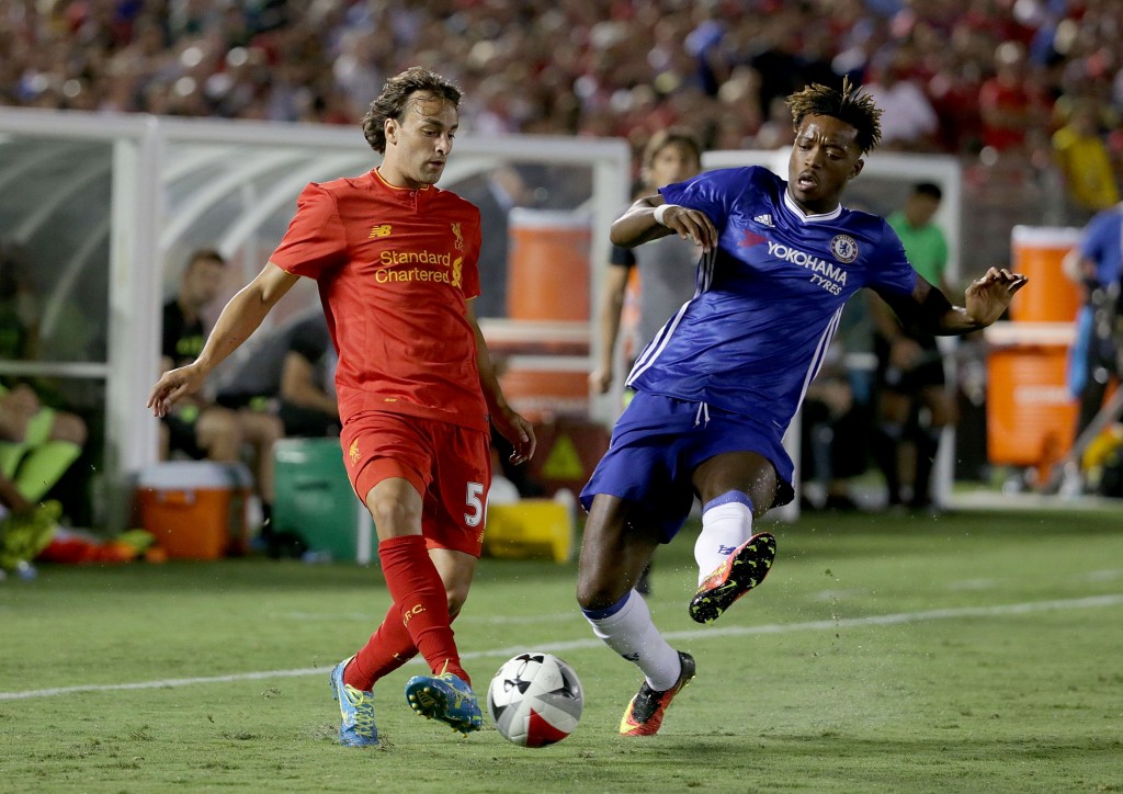 PASADENA, CA - JULY 27: Lazar Markovic #50 of Liverpool is challenged by Nathaniel Chalobah #29 of Chelsea in the second half during the 2016 International Champions Cup at Rose Bowl on July 27, 2016 in Pasadena, California. Chelsea defeated Liverpool 1-0. (Photo by Jeff Gross/Getty Images)