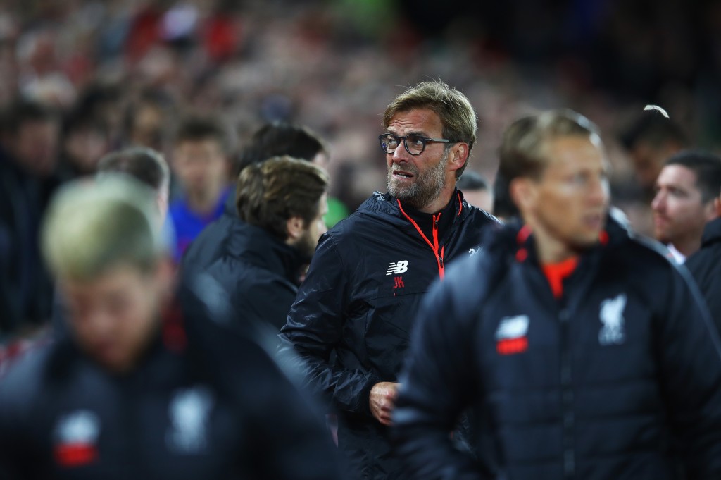 LIVERPOOL, ENGLAND - OCTOBER 17: Jurgen Klopp, Manager of Liverpool looks on during the Premier League match between Liverpool and Manchester United at Anfield on October 17, 2016 in Liverpool, England. (Photo by Clive Brunskill/Getty Images)