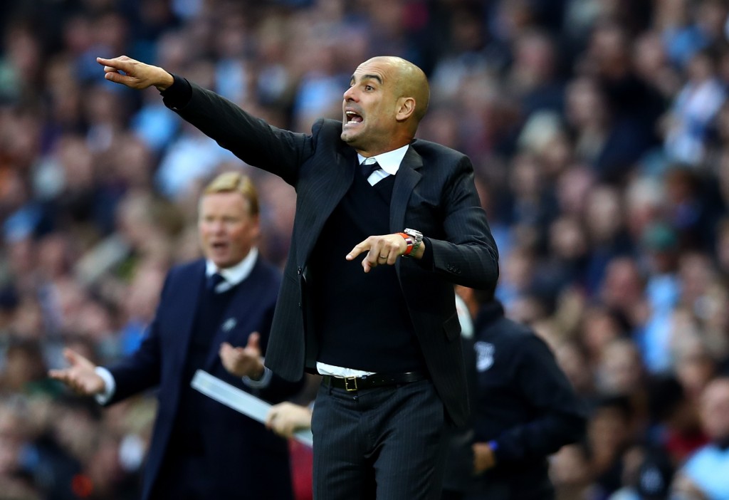 MANCHESTER, ENGLAND - OCTOBER 15: Josep Guardiola, Manager of Manchester City gives his team instructions during the Premier League match between Manchester City and Everton at Etihad Stadium on October 15, 2016 in Manchester, England. (Photo by Clive Brunskill/Getty Images)