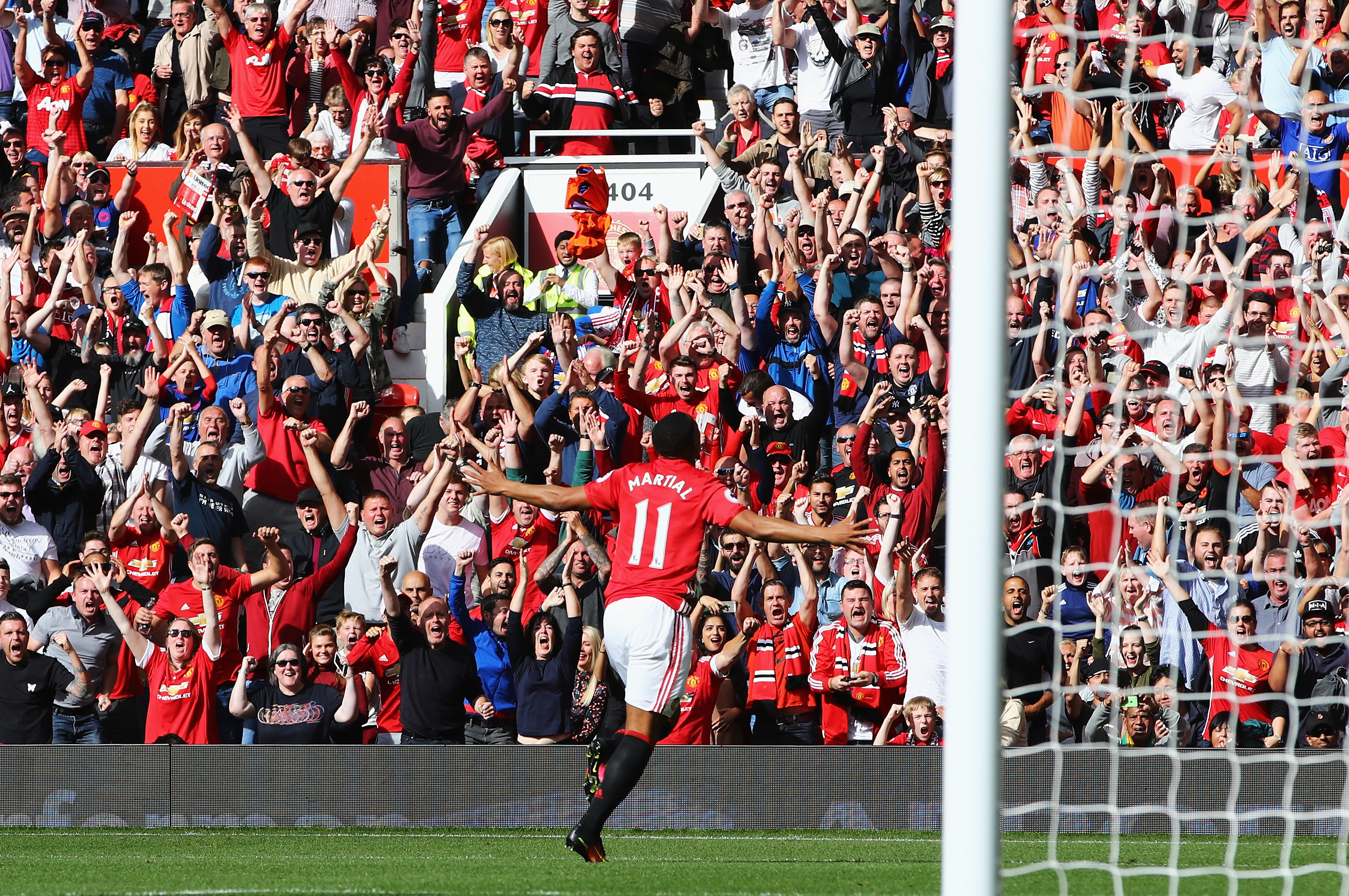 MANCHESTER, ENGLAND - OCTOBER 02: Anthony Martial of Manchester United celebrates scoring his sides first goal during the Premier League match between Manchester United and Stoke City at Old Trafford on October 2, 2016 in Manchester, England. (Photo by Clive Brunskill/Getty Images)