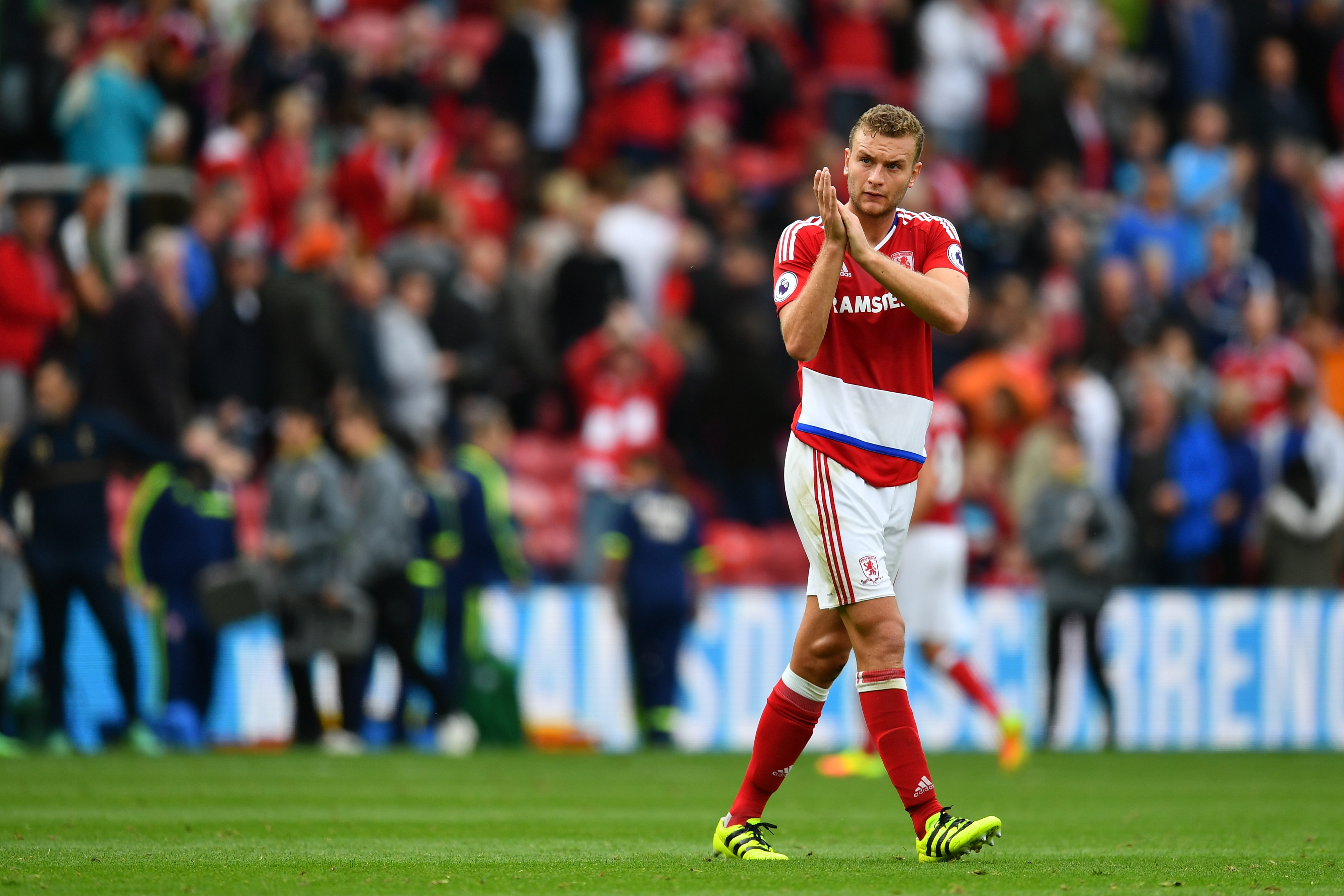 MIDDLESBROUGH, ENGLAND - SEPTEMBER 24: Ben Gibson of Middlesbrough claps the fans after the game during the Premier League match between Middlesbrough and Tottenham Hotspur at the Riverside Stadium on September 24, 2016 in Middlesbrough, England. (Photo by Dan Mullan/Getty Images)