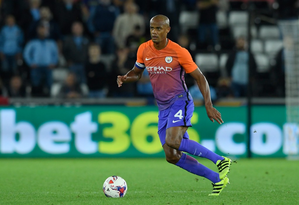 SWANSEA, WALES - SEPTEMBER 21: Vincent Kompany of Manchester City in action during the EFL Cup Third Round match between Swansea City and Manchester City at the Liberty Stadium on September 21, 2016 in Swansea, Wales. (Photo by Stu Forster/Getty Images)