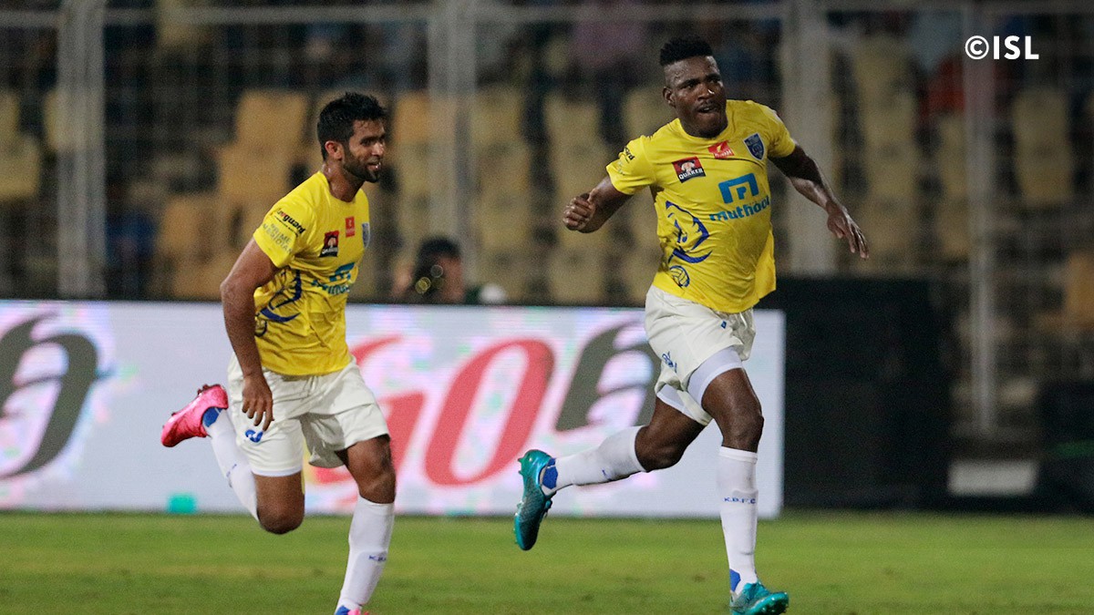 Belfort celebrates coring the winning goal for Kerala Blasters.