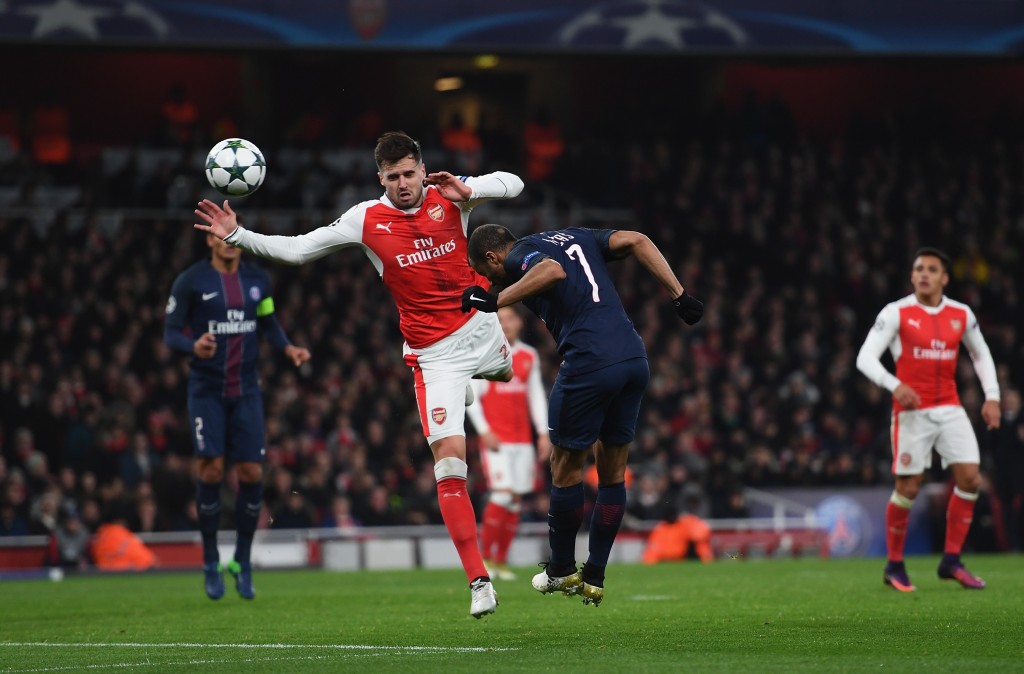 LONDON, ENGLAND - NOVEMBER 23: Lucas of PSG scores his sides second goal during the UEFA Champions League match between Arsenal FC and Paris Saint-Germain at Emirates Stadium on November 23, 2016 in London, England. (Photo by Shaun Botterill/Getty Images)