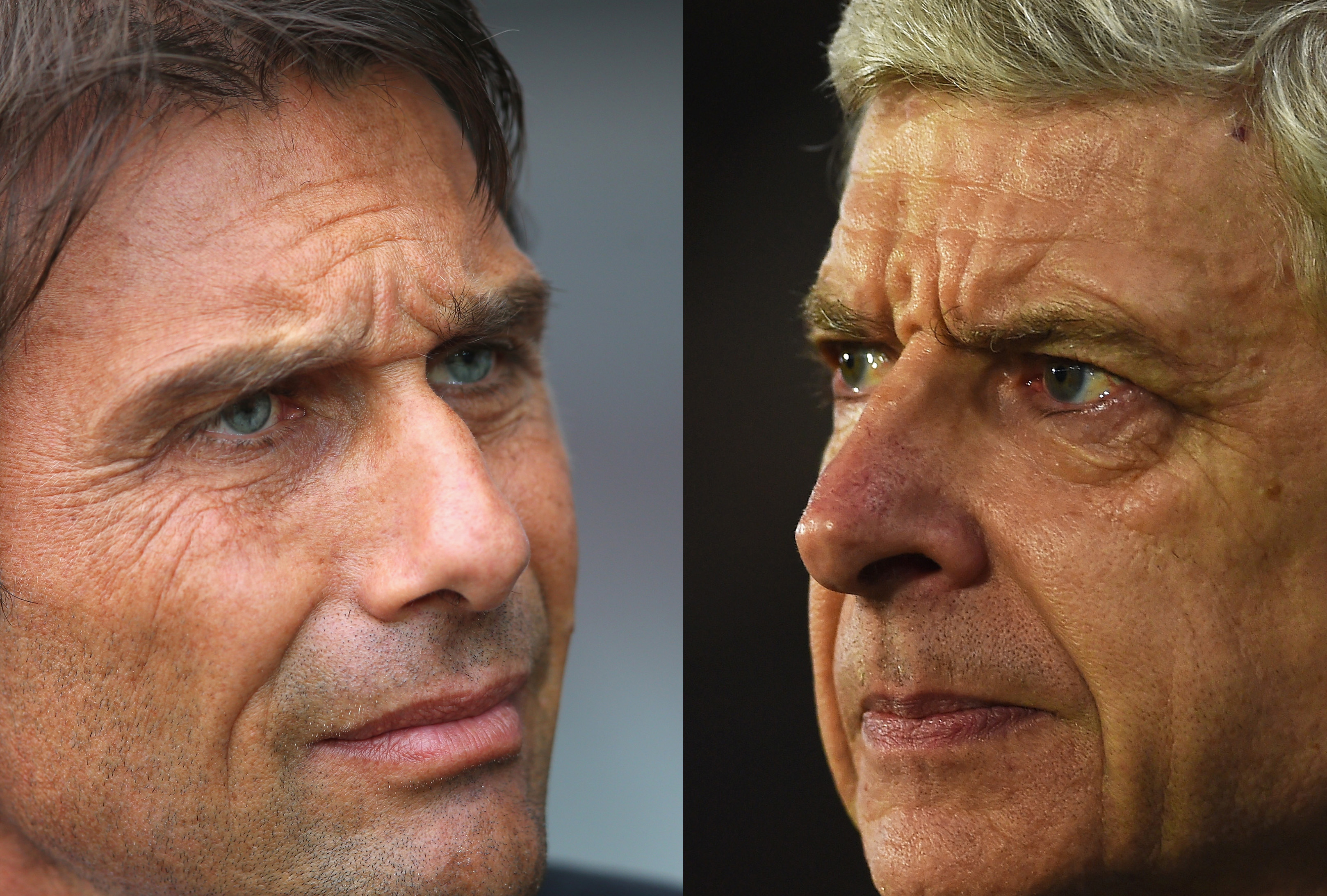 FILE PHOTO - (EDITORS NOTE: COMPOSITE OF TWO IMAGES - Image numbers (L) 602356340 and 514338590) In this composite image a comparision has been made between Antonio Conte manager of Chelsea (L) and Arsene Wenger, Manager of Arsenal. Arsenal and Chelsea meet in a Premier League match on September 24, 2016 at the Emirates Stadium. ***LEFT IMAGE*** SWANSEA, WALES - SEPTEMBER 11: Antonio Conte manager of Chelsea looks thoughtful prior to the Premier League match between Swansea City and Chelsea at Liberty Stadium on September 11, 2016 in Swansea, Wales. (Photo by Alex Livesey/Getty Images) ***RIGHT IMAGE*** HULL, ENGLAND - MARCH 08: Arsene Wenger, Manager of Arsenal looks on during the Emirates FA Cup Fifth Round Replay match between Hull City and Arsenal at KC Stadium on March 8, 2016 in Hull, England. (Photo by Laurence Griffiths/Getty Images)