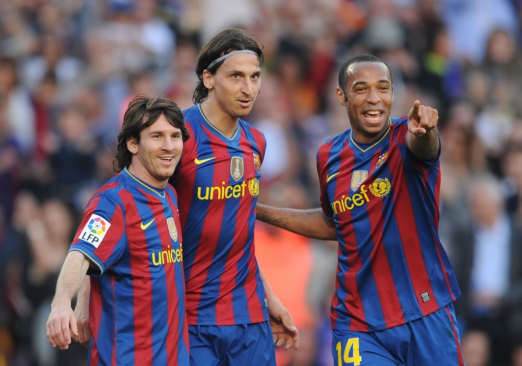 BARCELONA, SPAIN - APRIL 24: Lionel Messi (L), Zlatan Ibrahimovic (C) and Thierry Henry of Barcelona celebrate after Ibrahimovic scored his team's third goal during the La Liga match between Barcelona and Xerez CD at Camp Nou stadium on April 24, 2010 in Barcelona, Spain. (Photo by Denis Doyle/Getty Images)