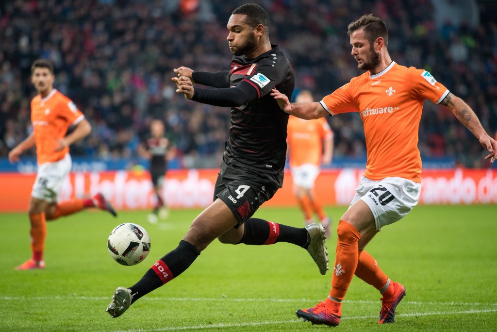 LEVERKUSEN, GERMANY - NOVEMBER 05: Jonathan Tah of Leverkusen (L) and Marcel Heller of Darmstadt (R) in action during the Bundesliga match between Bayer 04 Leverkusen and SV Darmstadt 98 at BayArena on November 5, 2016 in Leverkusen, Germany. (Photo by Lukas Schulze/Bongarts/Getty Images)