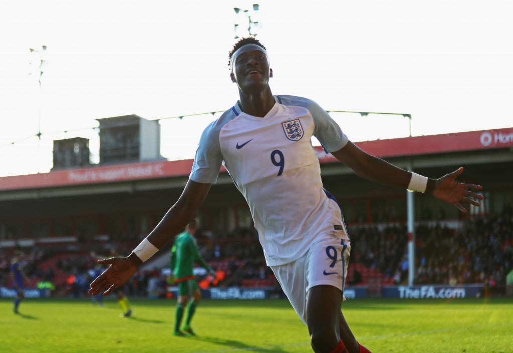 WALSALL, ENGLAND - OCTOBER 11: Tammy Abraham of England U21 celebrates as he scores their fifth goal during the UEFA European U21 Championship Group 9 qualifying match between England and Bosnia and Herzegovina at Banks' Stadium on October 11, 2016 in Walsall, England. (Photo by Michael Steele/Getty Images)