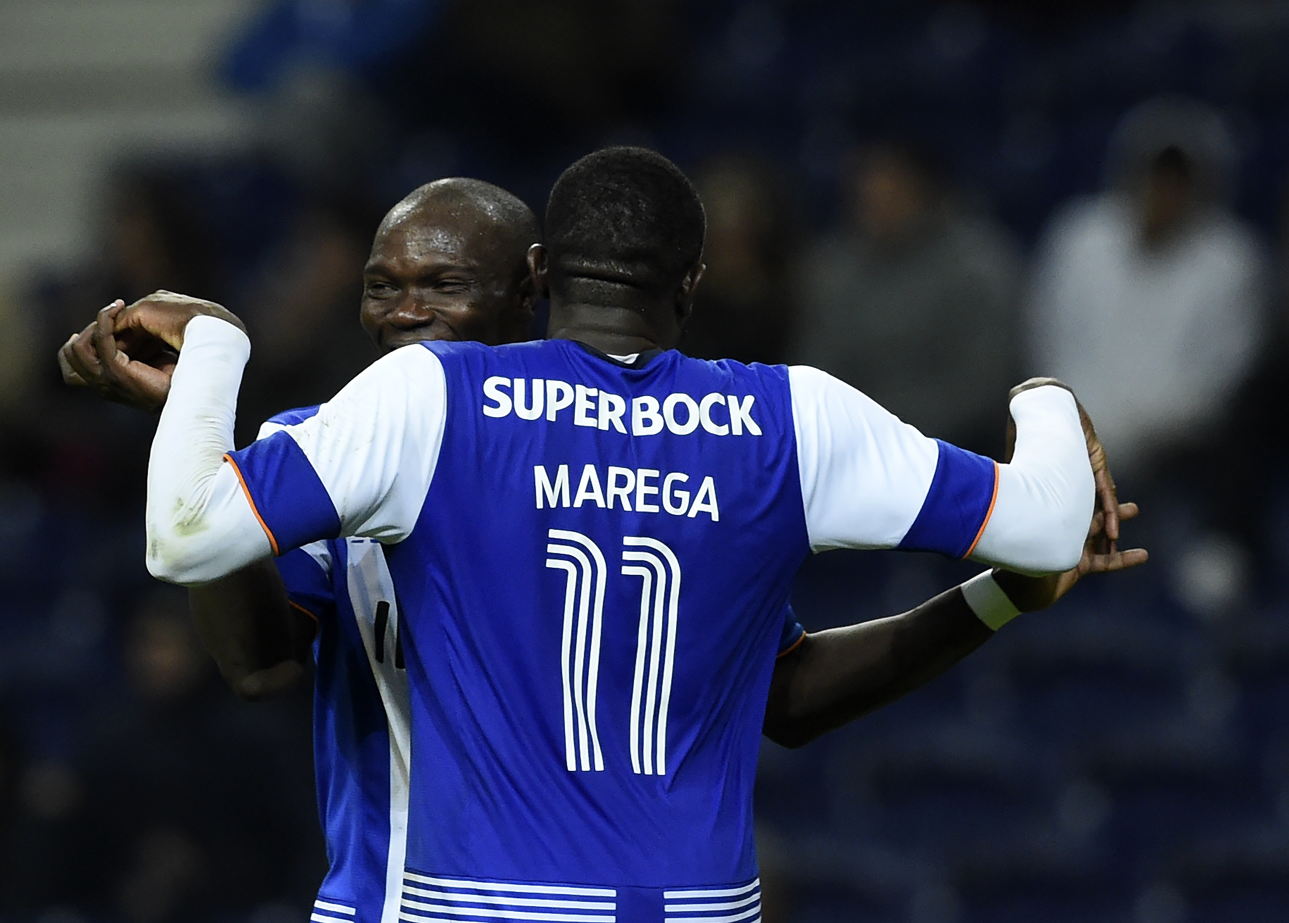Porto's Malian forward Moussa Marega (R) celebrates a goal with teammate Cameroonian forward Vincent Aboubakar during the second-leg semi-final Portugal Cup FC Porto vs Gil Vicente football match at the Dragao stadium in Porto on March 02, 2016. / AFP / FRANCISCO LEONG (Photo credit should read FRANCISCO LEONG/AFP/Getty Images)