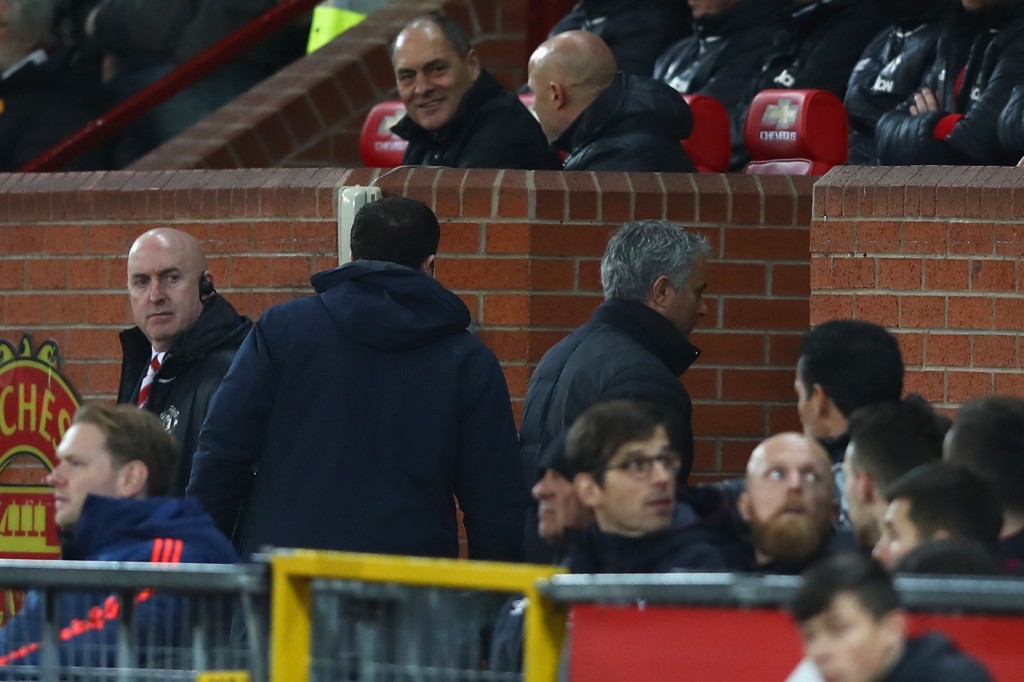 MANCHESTER, ENGLAND - NOVEMBER 27: Jose Mourinho, Manager of Manchester United (R) makes his way to the stands are being sent off during the Premier League match between Manchester United and West Ham United at Old Trafford on November 27, 2016 in Manchester, England. (Photo by Clive Brunskill/Getty Images)
