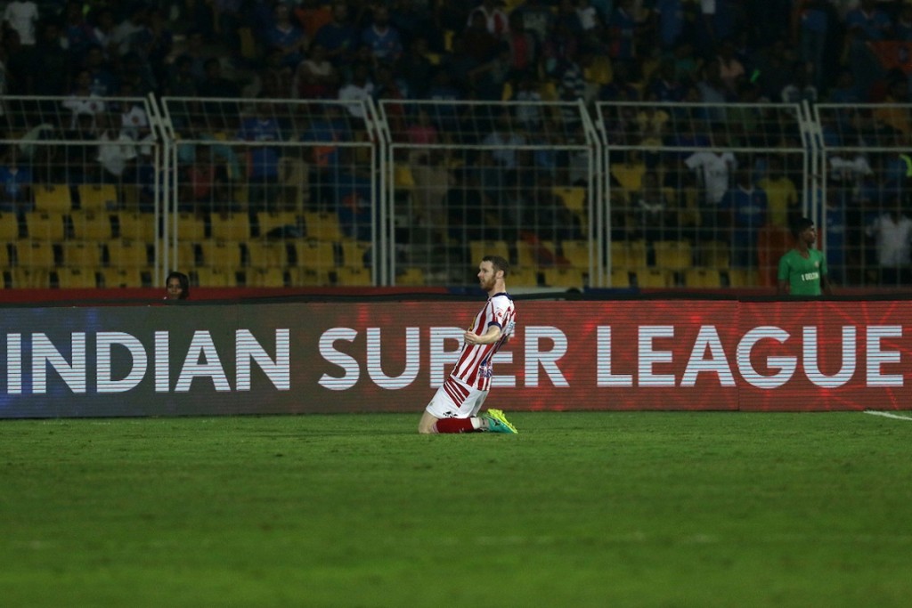 Stephen Pearson of Atletico de Kolkata celebrates the goal during match 47 of the Indian Super League (ISL) season 3 between FC Goa and Atletico de Kolkata held at the Fatorda Stadium in Goa, India on the 24th November 2016. Photo by Faheem Hussain / ISL / SPORTZPICS