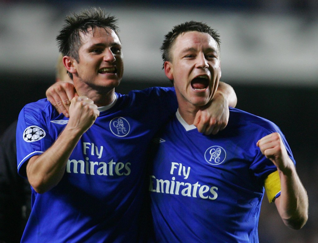 LONDON, United Kingdom: Chelsea's Frank Lampard (L) and John Terry celebrate their win after the second leg of their Champion's League football match at Stamford Bridge stadium in London 08 March, 2005. Chelsea won 4-2 and advances 5-4 on agrigate. AFP PHOTO/jJIM WATSON (Photo credit should read JIM WATSON/AFP/Getty Images)