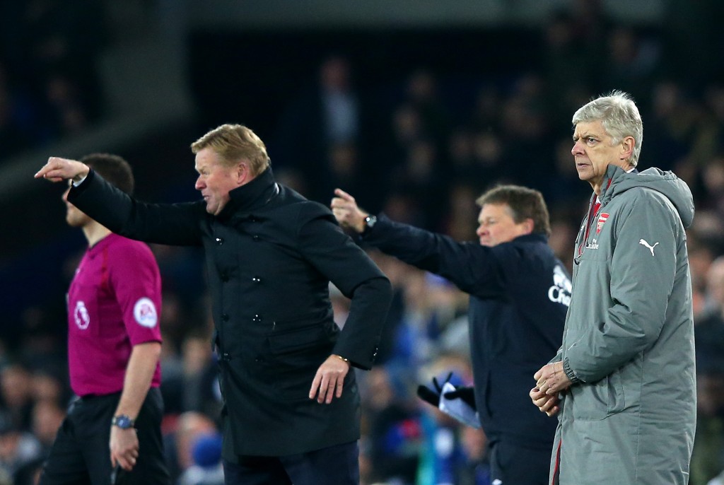 LIVERPOOL, ENGLAND - DECEMBER 13: Arsene Wenger, Manager of Arsenal looks on as Ronald Koeman, Manager of Everton directs his players during the Premier League match between Everton and Arsenal at Goodison Park on December 13, 2016 in Liverpool, England. (Photo by Alex Livesey/Getty Images)