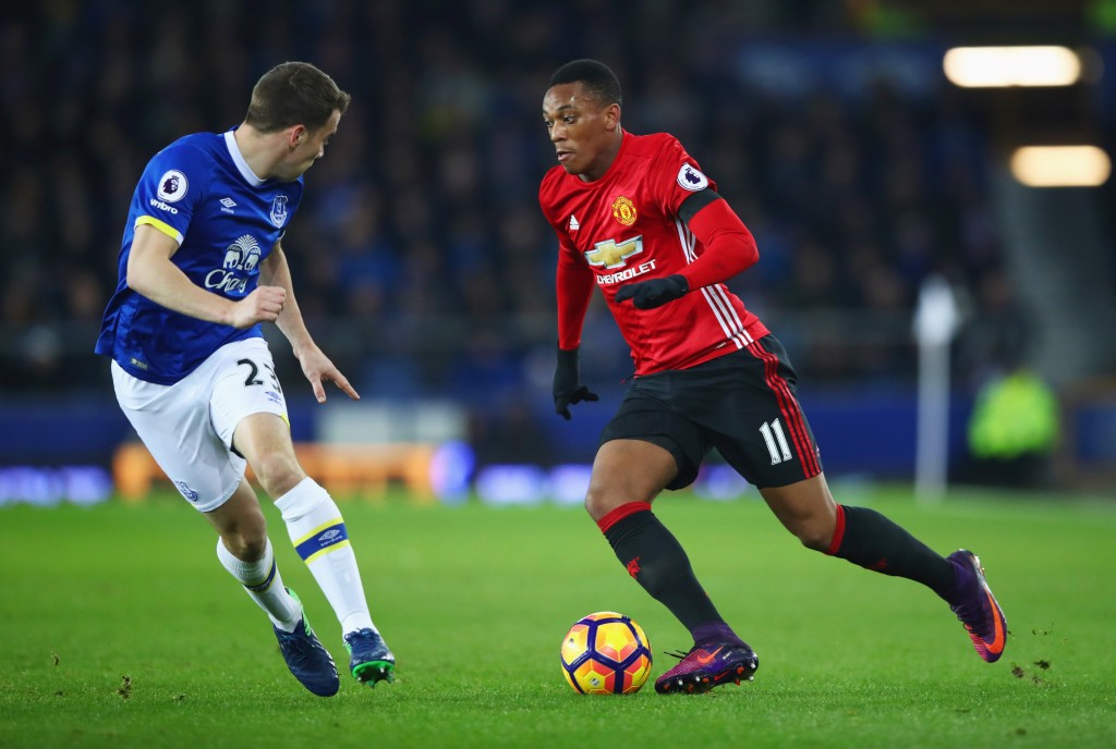 LIVERPOOL, ENGLAND - DECEMBER 04: nthony Martial of Manchester United is faced by Seamus Coleman of Everton during the Premier League match between Everton and Manchester United at Goodison Park on December 4, 2016 in Liverpool, England. (Photo by Clive Brunskill/Getty Images)