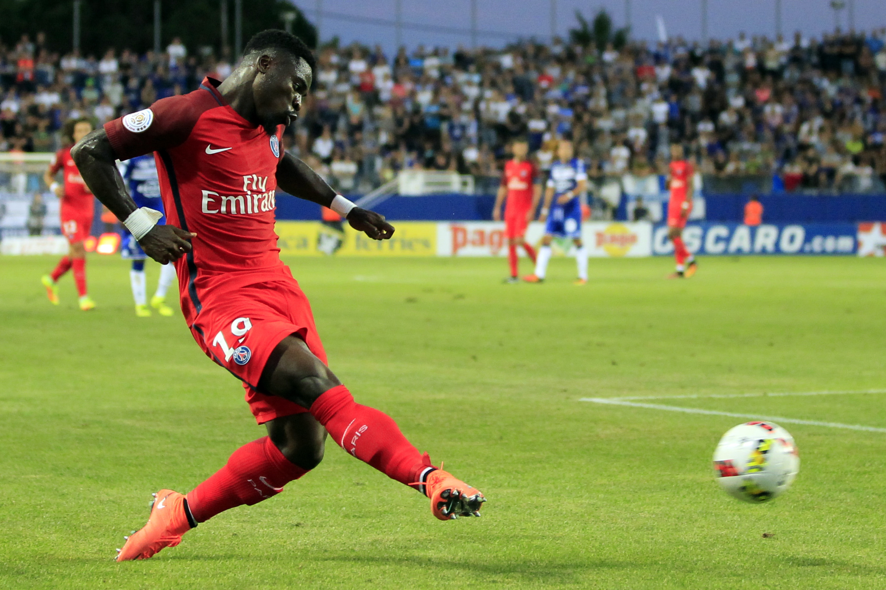Paris Saint-Germain's Ivorian defender Serge Aurier kicks the ball during the French Ligue 1 footbal match Bastia (SCB) against Paris Saint Germain (PSG) on August 12, 2016 at the Armand Cesari stadium in Bastia on the French Mediterranean island of Corsica. AFP PHOTO / PASCAL POCHARD-CASABIANCA / AFP / PASCAL POCHARD CASABIANCA (Photo credit should read PASCAL POCHARD CASABIANCA/AFP/Getty Images)