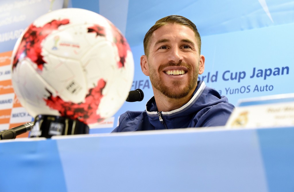 Real Madrid's defender Sergio Ramos answers questions during a press conference in Yokohama on December 17, 2016. Real Madrid of Spain will play Kashima Antlers of Japan in the Club World Cup final football match at Yokohama International stadium in Yokohama on December 18. / AFP / Toru YAMANAKA (Photo credit should read TORU YAMANAKA/AFP/Getty Images)