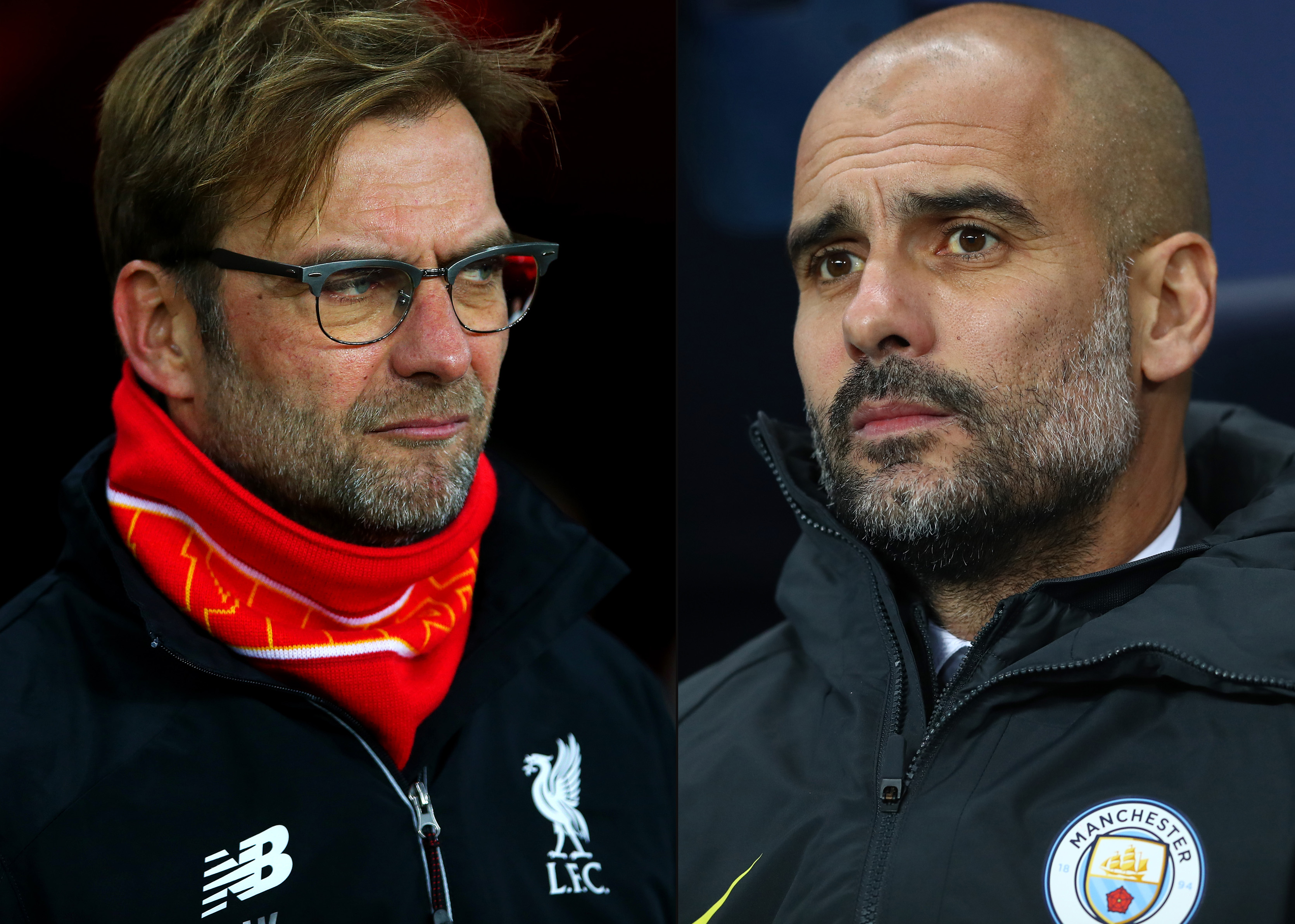 FILE PHOTO (EDITORS NOTE: COMPOSITE OF TWO IMAGES - Image numbers (L) 502929058 and 629845764) In this composite image a comparision has been made between Jurgen Klopp, manager of Liverpool (L) and Josep Guardiola, Manager of Manchester City. Liverpool and Manchester City meet in a Premier League match at Anfleid on December 31, 2016. ***LEFT IMAGE*** SUNDERLAND, ENGLAND - DECEMBER 30: Jurgen Klopp, manager of Liverpool looks on before the Barclays Premier League match between Sunderland and Liverpool at Stadium of Light on December 30, 2015 in Sunderland, England. (Photo by Ian MacNicol/Getty Images) ***RIGHT IMAGE*** MANCHESTER, ENGLAND - DECEMBER 14: Josep Guardiola, Manager of Manchester City looks on during the Premier League match between Manchester City and Watford at Etihad Stadium on December 14, 2016 in Manchester, England. (Photo by Michael Steele/Getty Images)