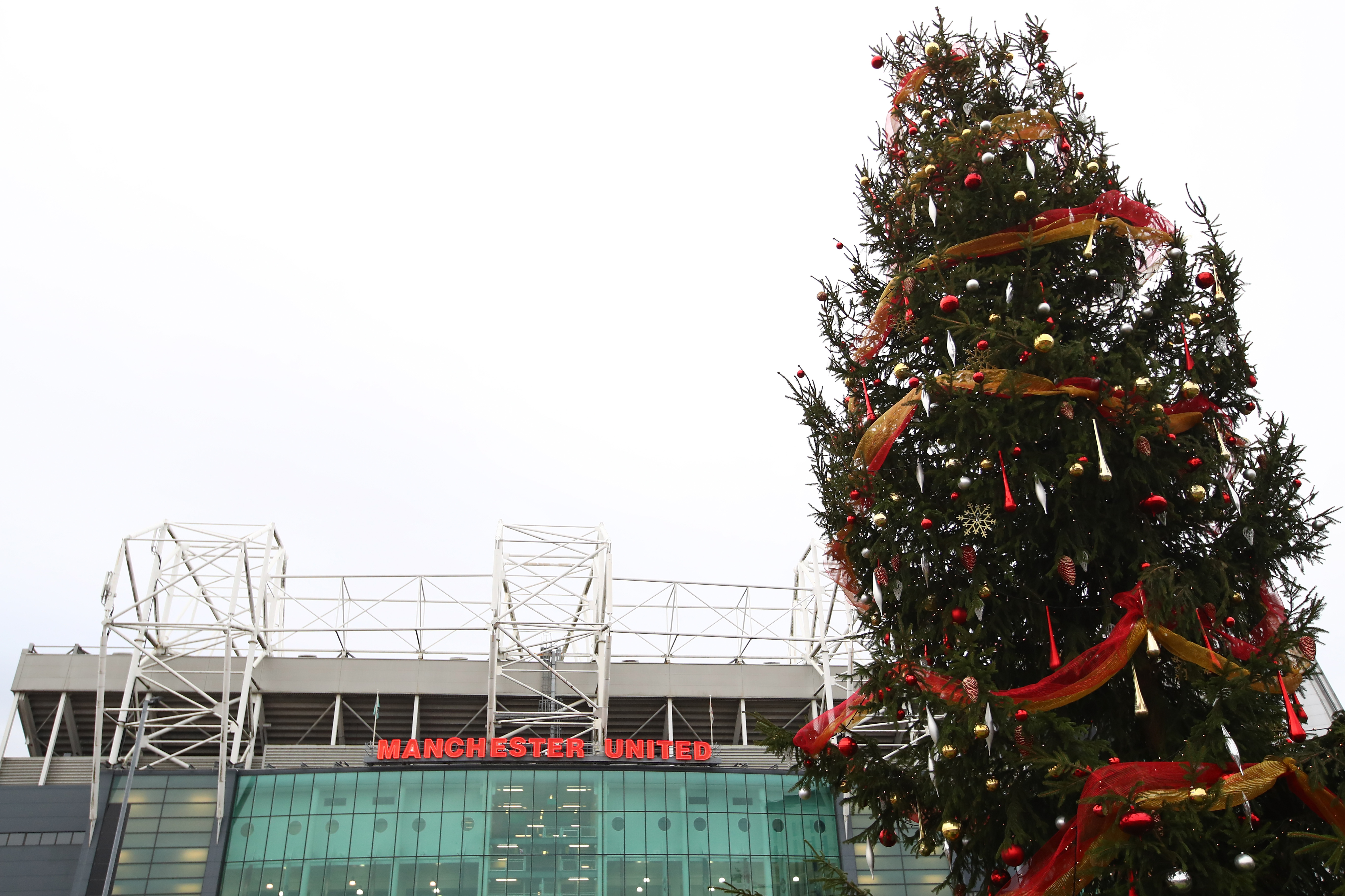 MANCHESTER, ENGLAND - DECEMBER 11: A Christmas tree is seen outside the stadium prior to the Premier League match between Manchester United and Tottenham Hotspur at Old Trafford on December 11, 2016 in Manchester, England. (Photo by Clive Brunskill/Getty Images)
