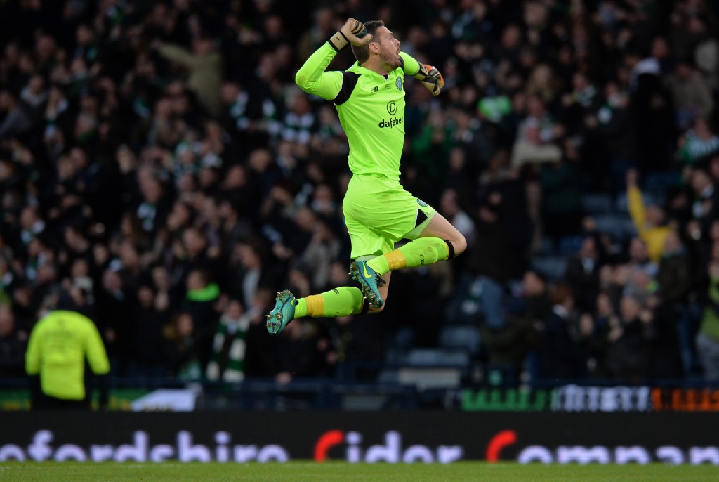 GLASGOW, SCOTLAND - NOVEMBER 27: Craig Gordon of Celtic reacts to his team's second goal of the game during the Betfred Cup Final between Aberdeen FC and Celtic FC at Hampden Park on November 27, 2016 in Glasgow, Scotland. (Photo by Mark Runnacles/Getty Images)