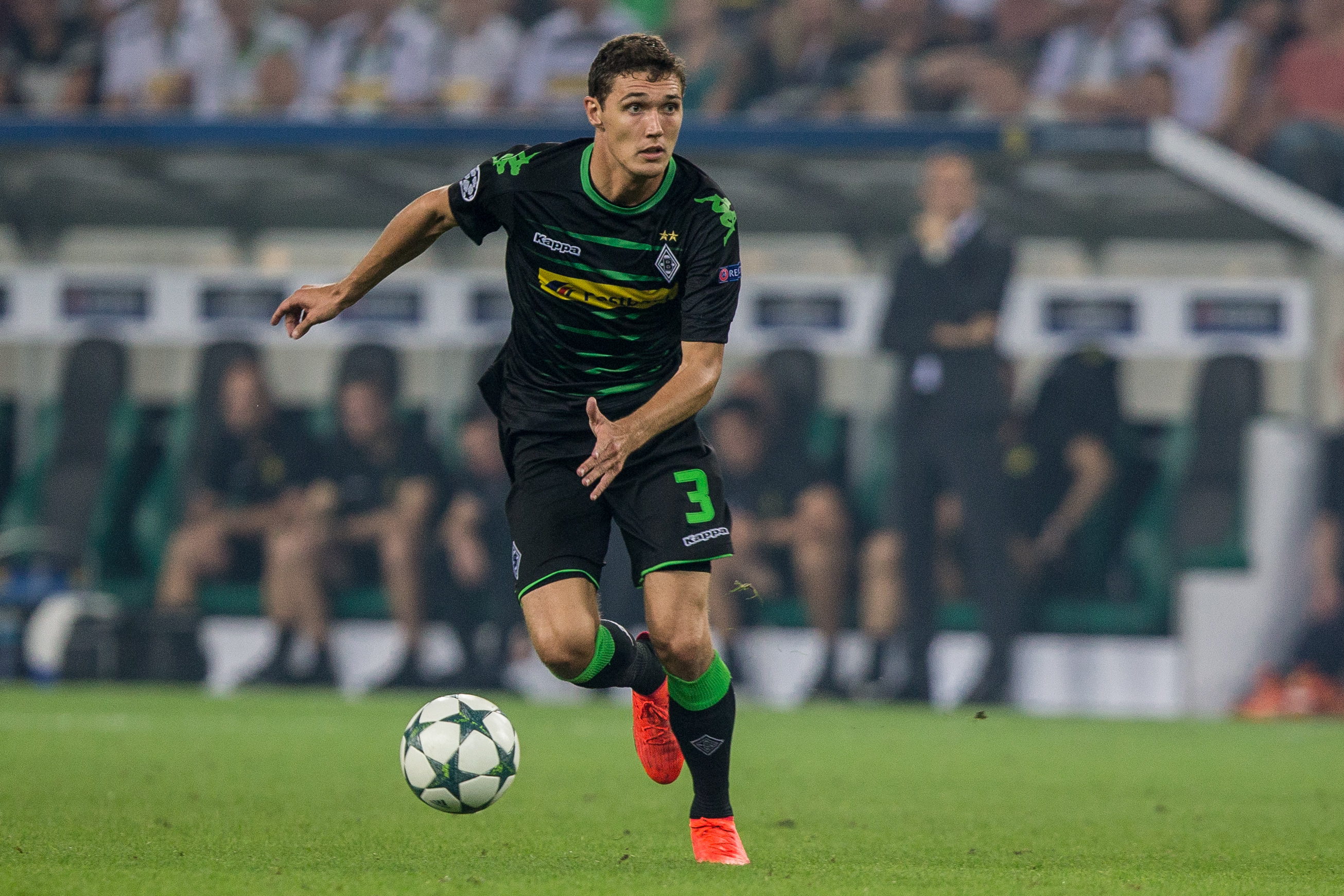 MOENCHENGLADBACH, GERMANY - AUGUST 24: Andreas Christensen of Moenchengladbach with ball during the UEFA Champions League Qualifying Play-Offs Round: Second Leg between Borussia Moenchengladbach and YB Bern at Borussia-Park on August 24, 2016 in Moenchengladbach, Germany. (Photo by Maja Hitij/Bongarts/Getty Images)