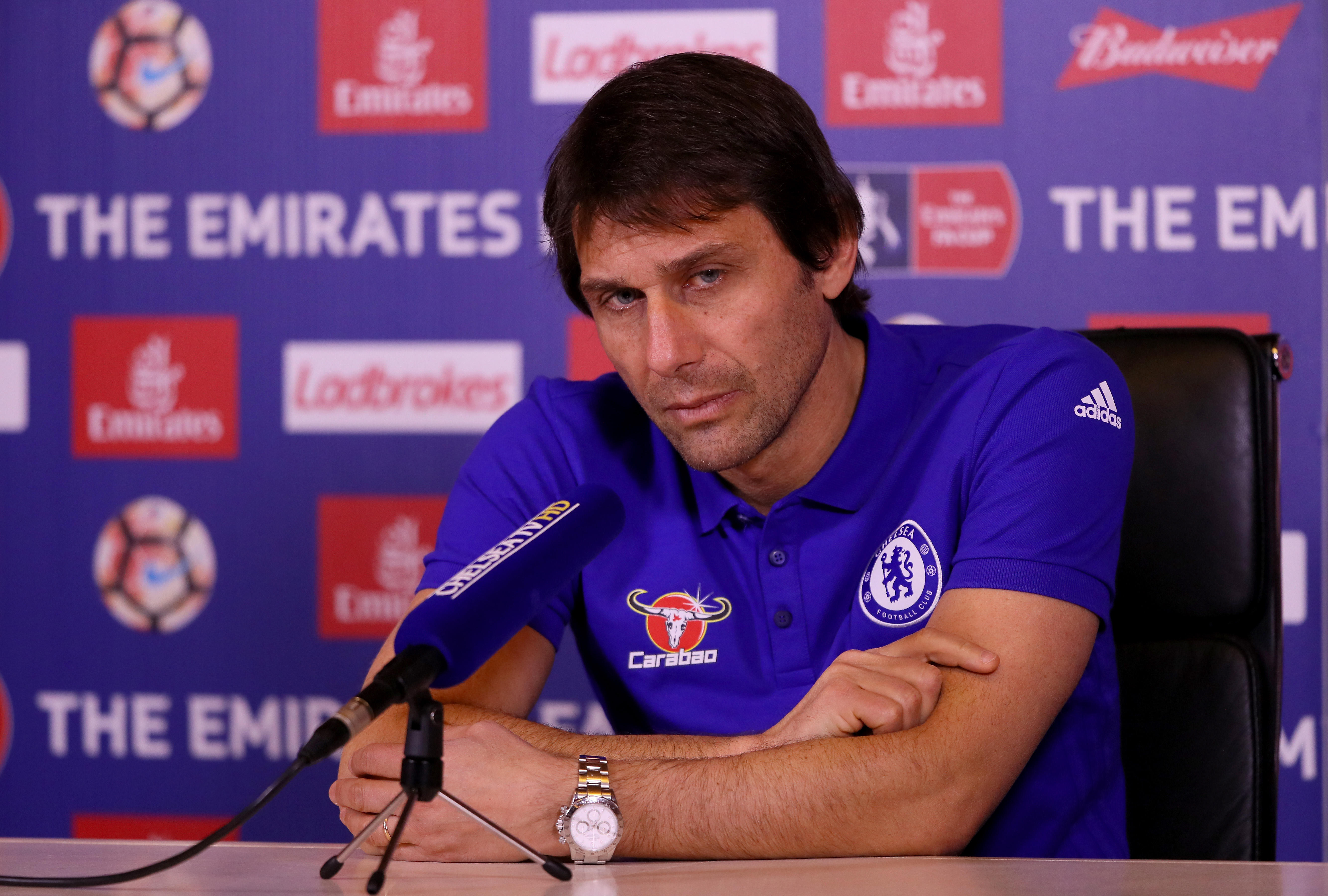 COBHAM, ENGLAND - JANUARY 06: Antonio Conte, Chelsea mananger, is pictured during a press conference at Chelsea Training Ground on January 6, 2017 in Cobham, England. (Photo by Andrew Redington/Getty Images)
