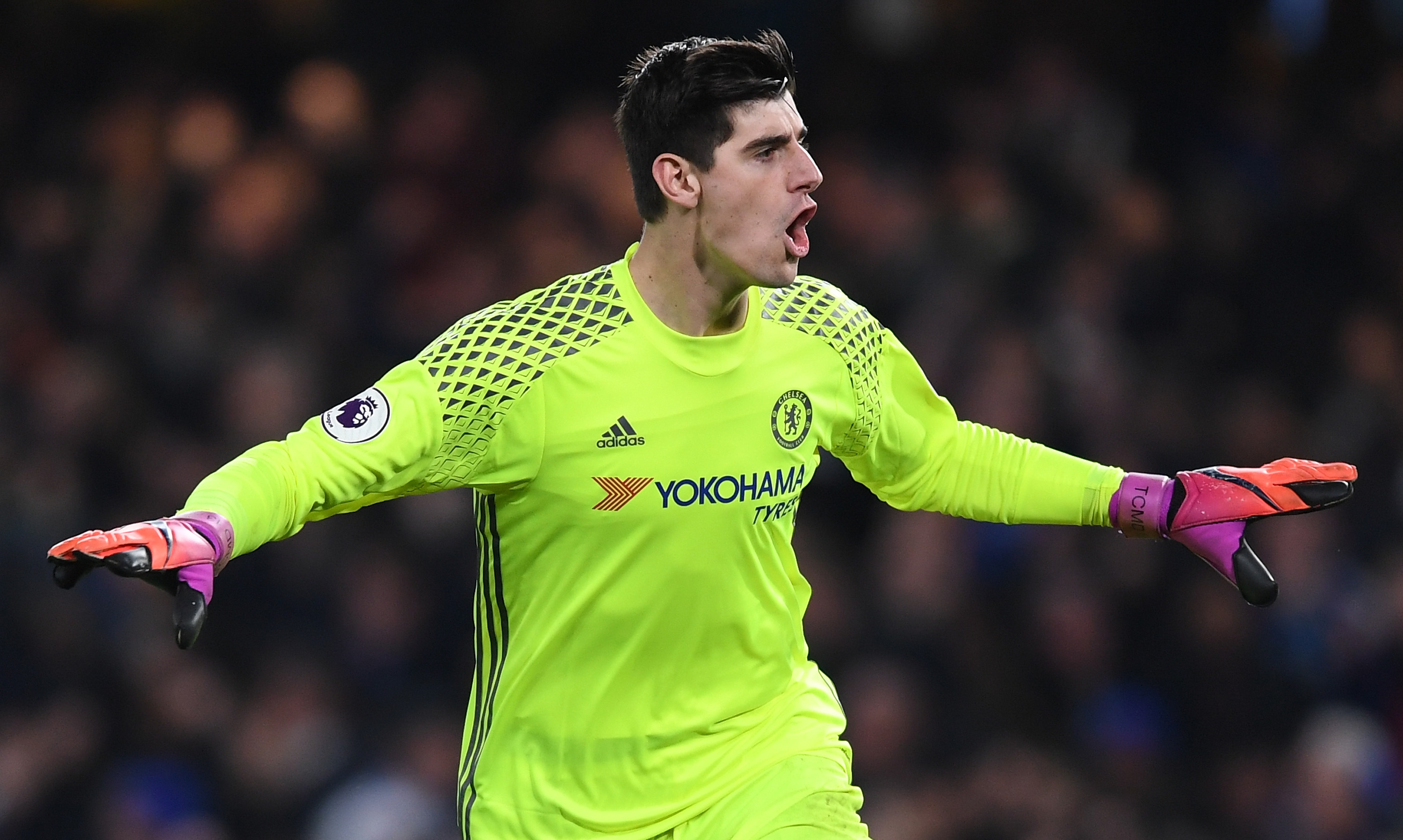 LONDON, ENGLAND - NOVEMBER 26: Thibaut Courtois of Chelsea celebrates his team's second goal during the Premier League match between Chelsea and Tottenham Hotspur at Stamford Bridge on November 26, 2016 in London, England. (Photo by Shaun Botterill/Getty Images)